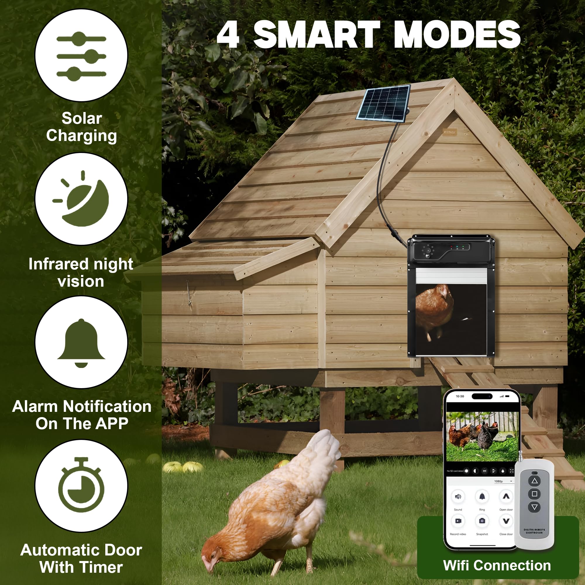 Automatic Solar Chicken Coop Door with Camera 1080P HD, Remote Night Vision Motion Detector Safety Mechanism - 8W Chicken Coop Door Battery Powered 5000 mAh - Predator Protected Automatic Gate Opener
