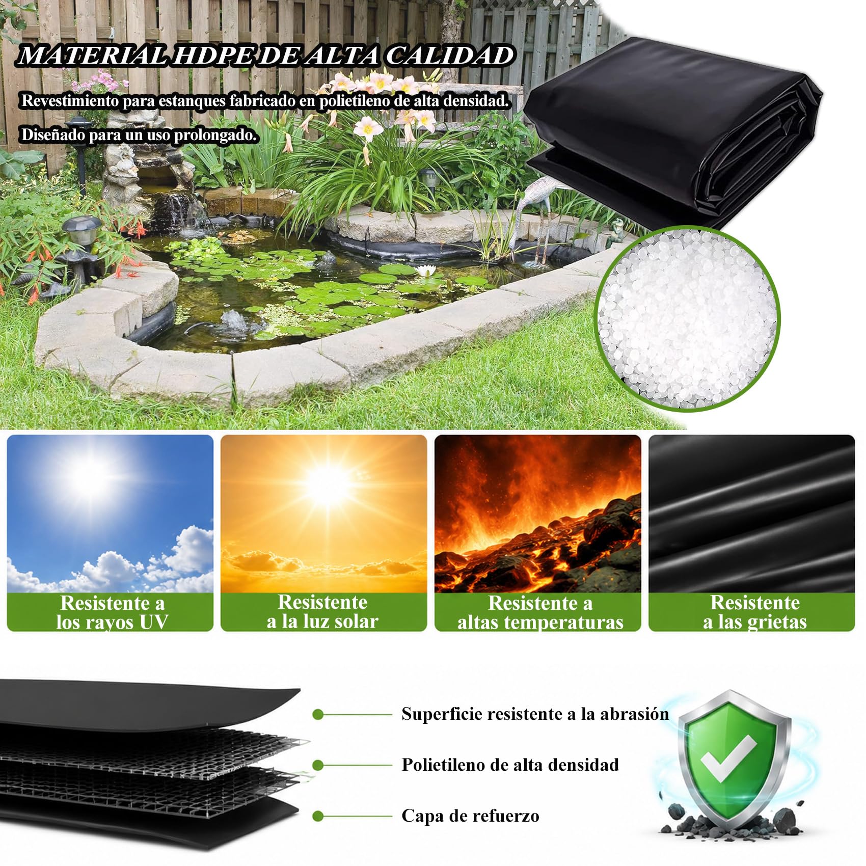 membranas para estanques amplios, recubrimientos HDPE, Capas elásticas, láminas oscuras, estanques cría koi, depósitos jardín, Fuentes acuáticas
