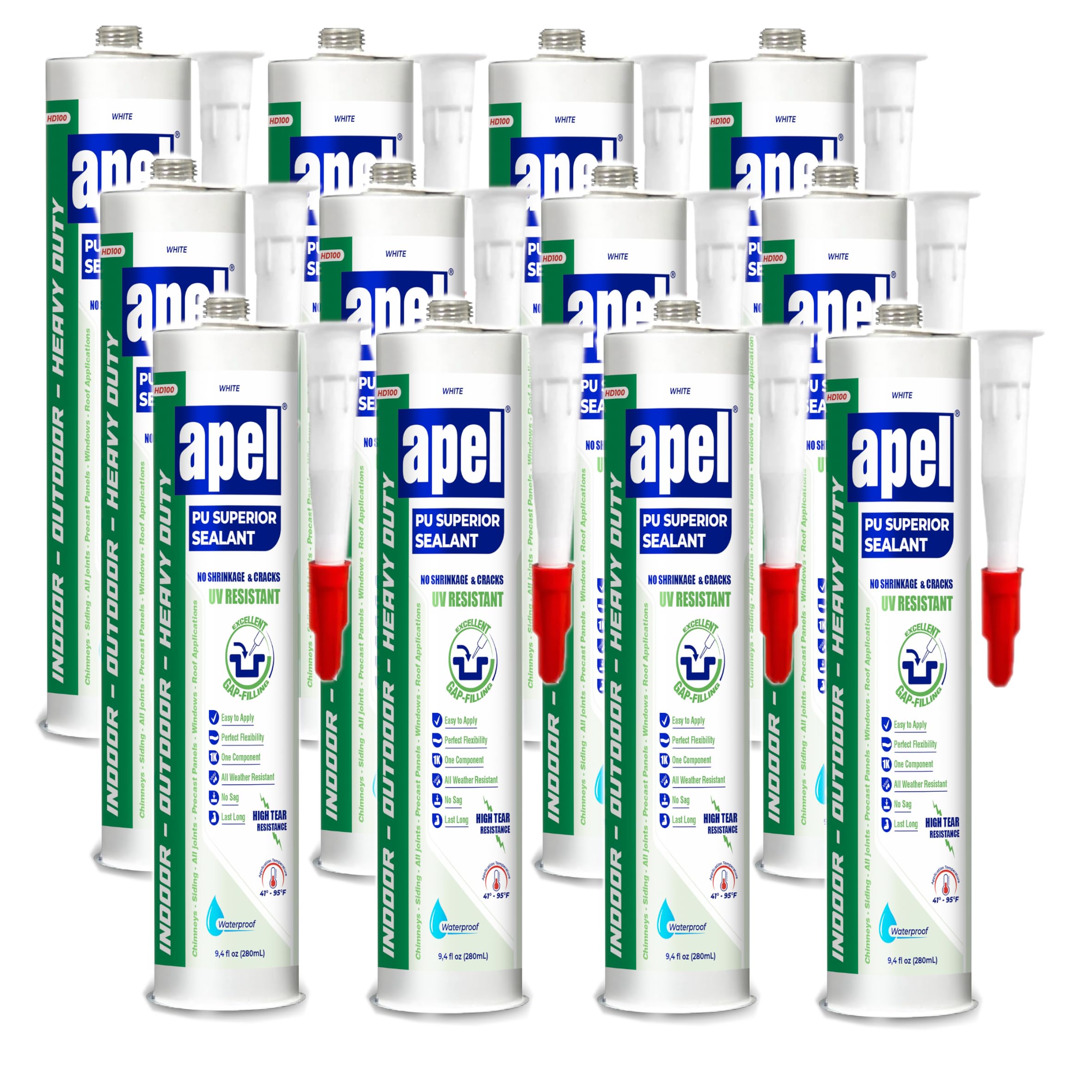 apel HD100 Polyurethane Sealant Superior, Waterproof Construction Adhesive for Concrete, Non-Sag, High Tear Resistance, White, (12x 9.4 fl oz) - 12 Pack
