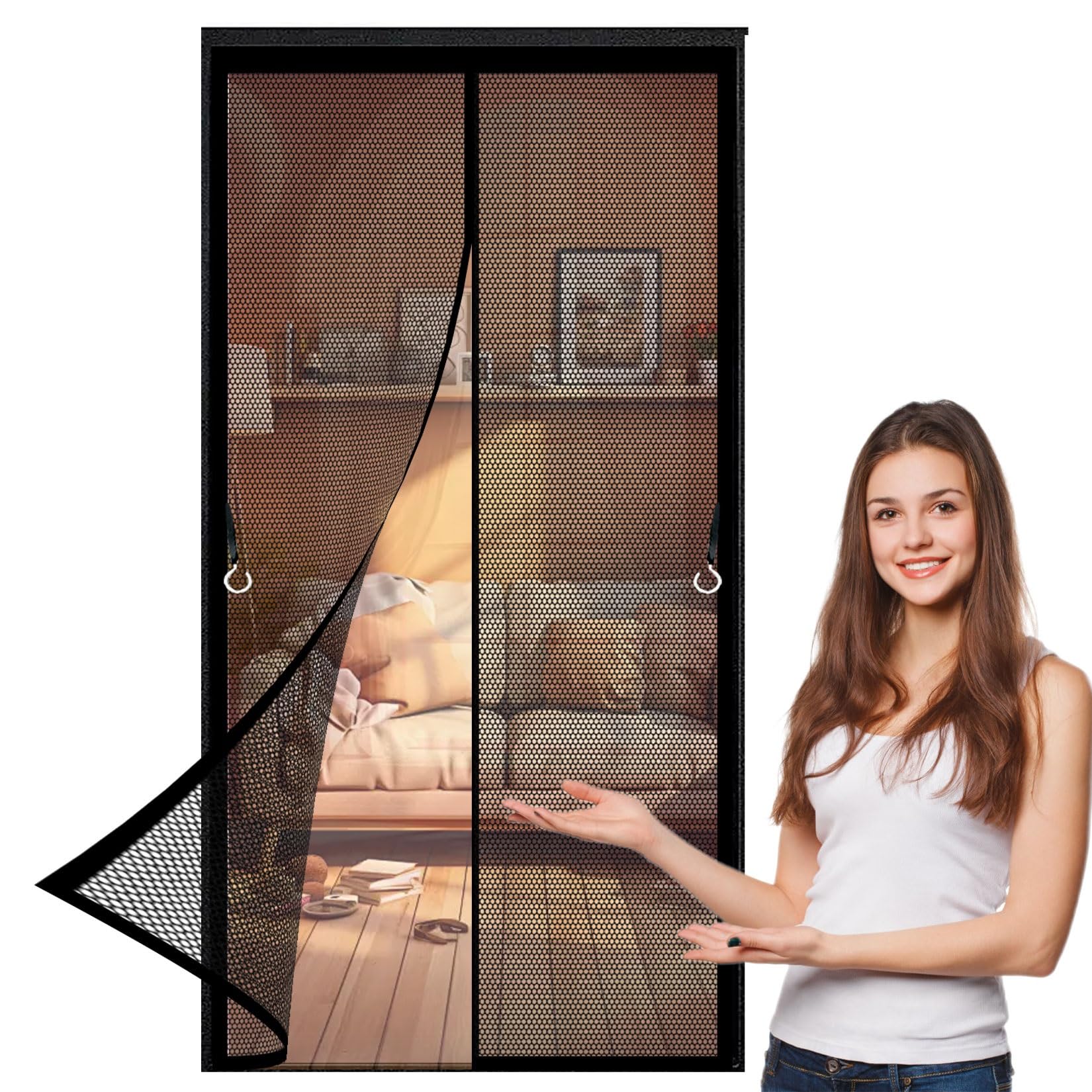 Magnetic Screen Door 84 x 154 cm Frame Hook & Loop, Powerful Magnets Magnetic Fly Screens Without Drilling, Heavy Duty for Patio Doors Bedroom, Black