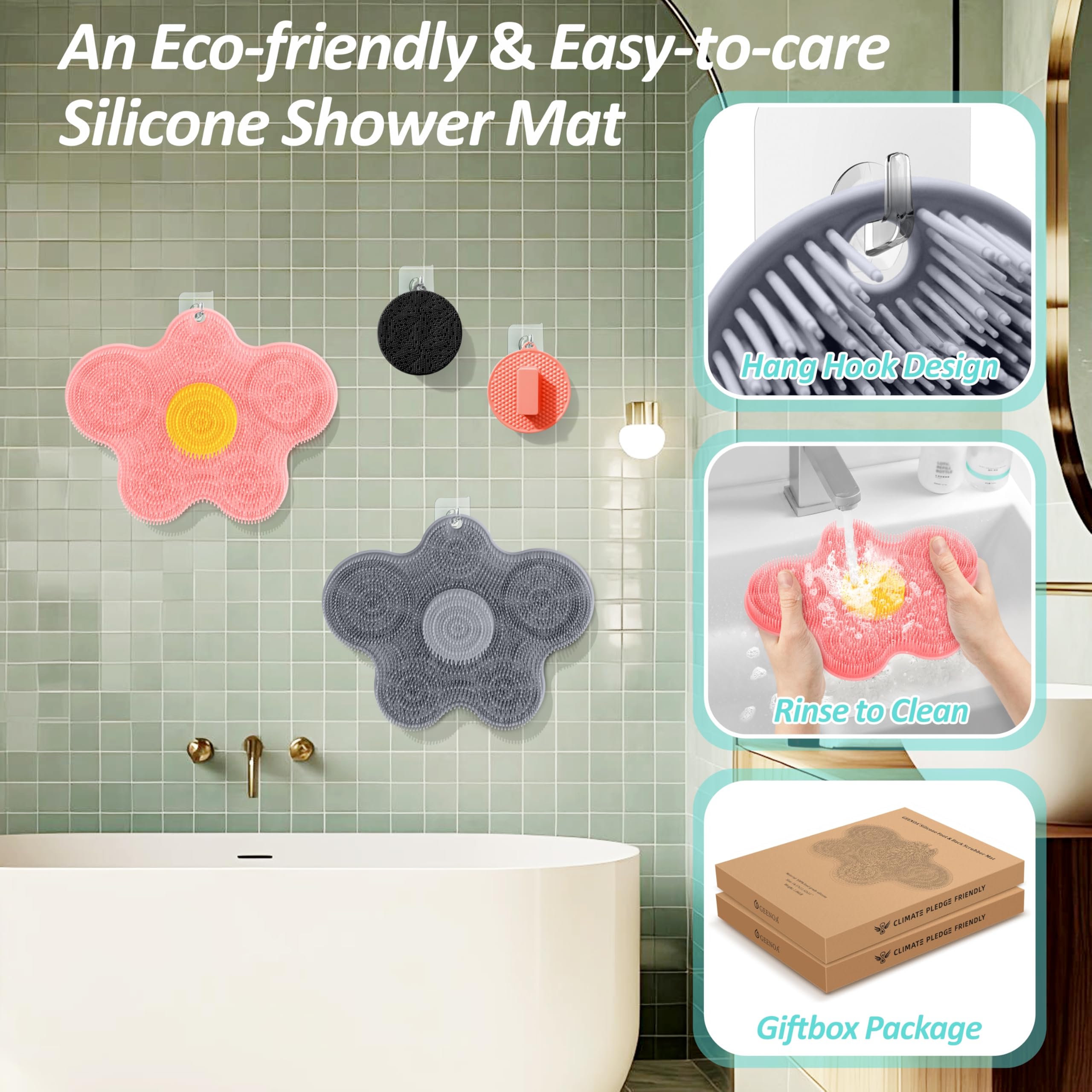Juego de alfombrilla de silicona para pies de ducha y limpiador corporal de silicona, limpiador de espalda grande montado en la pared para limpiar, exfoliar y masajear sin doblarse (gris +