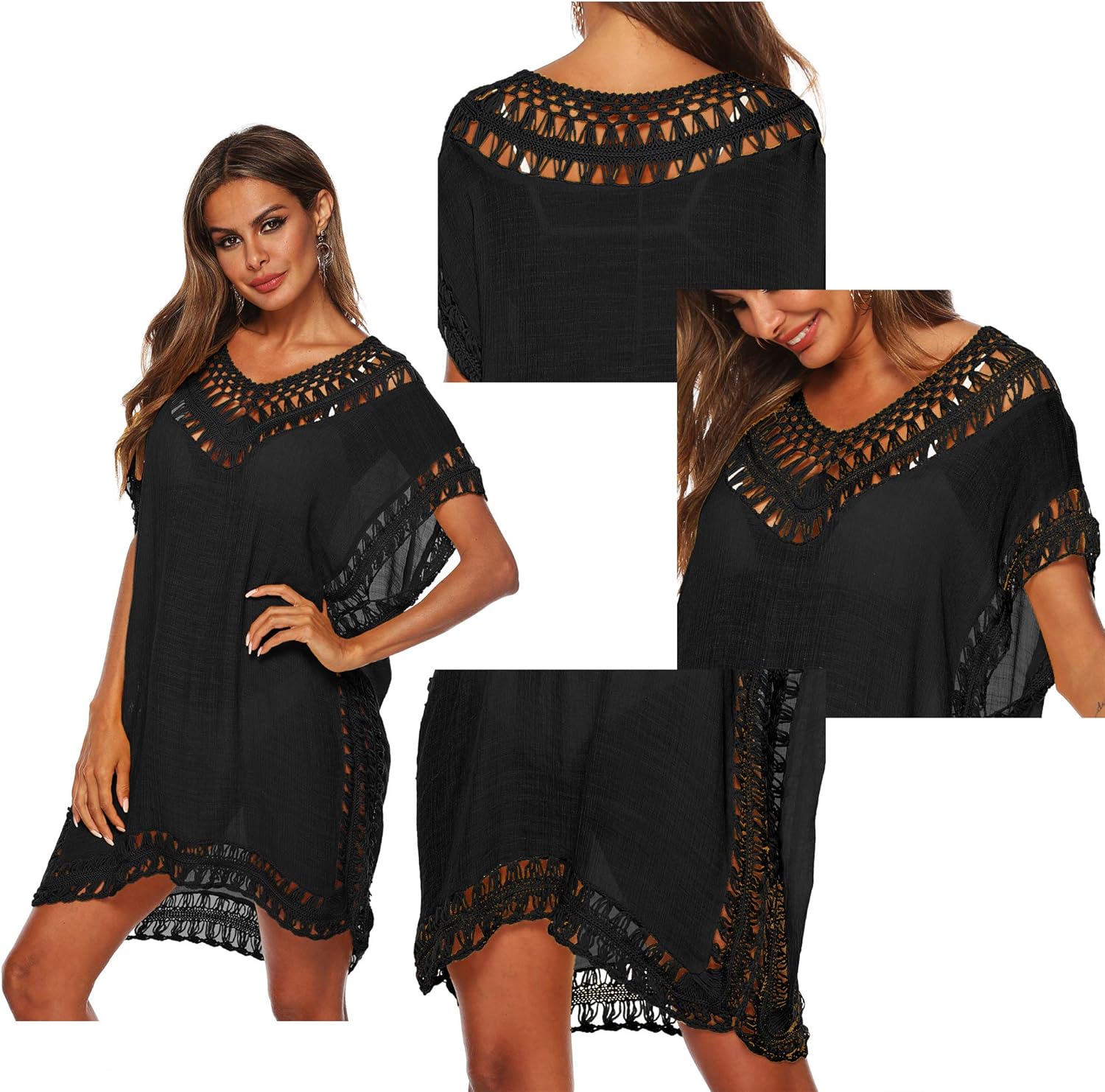 SIAEAMRG Swimsuit Cover Ups for Women, V Neck Hollow Out Swim Coverup Crochet Chiffon Summer Beach Cover Up Dress - Image 6