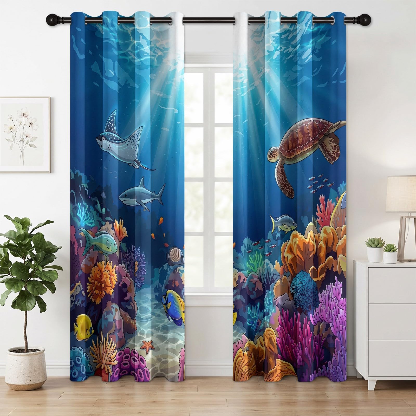Tende oscuranti con animali marini, barriera corallina, tartaruga marina, per ragazzi e ragazze, tende oscuranti con occhielli, per cameretta dei bambini, camera da letto, 175 x 140 cm (altezza x