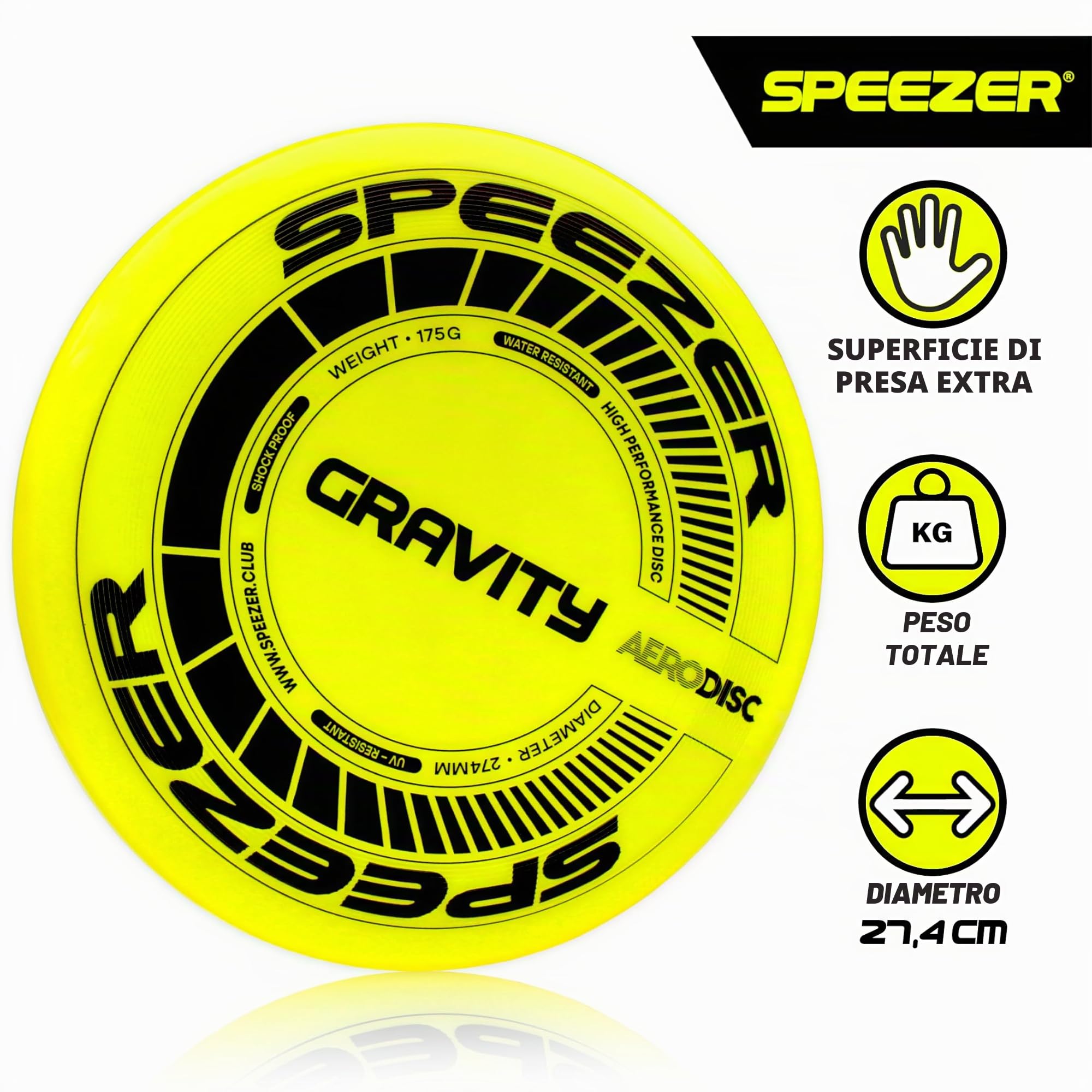 SPEEZER Gravity Frisbee 175 g – Disco da lancio professionale giallo neon per bambini adulti – Ultimate Flying Disc giocattolo da spiaggia