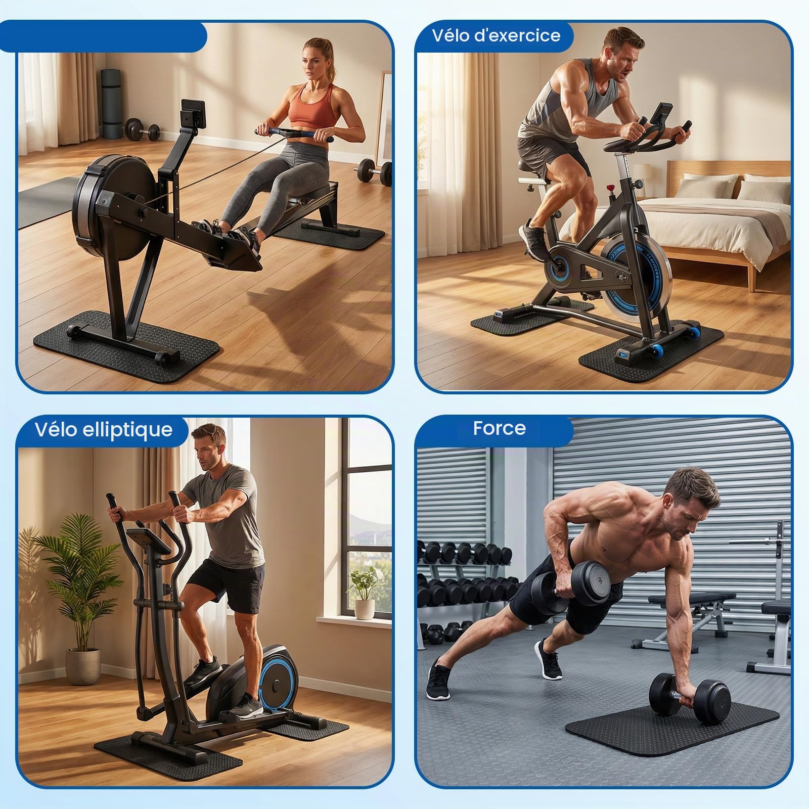 Lot De 2 Tapis Fitness Protection Sol, Double Face Silicone Tapis Sport De Course Anti Bruit Vibration, sous-Tapis De Sol Sport Epais pour Vélo Elliptique, Treadmill, Home Trainer, 30x63.5 Cm