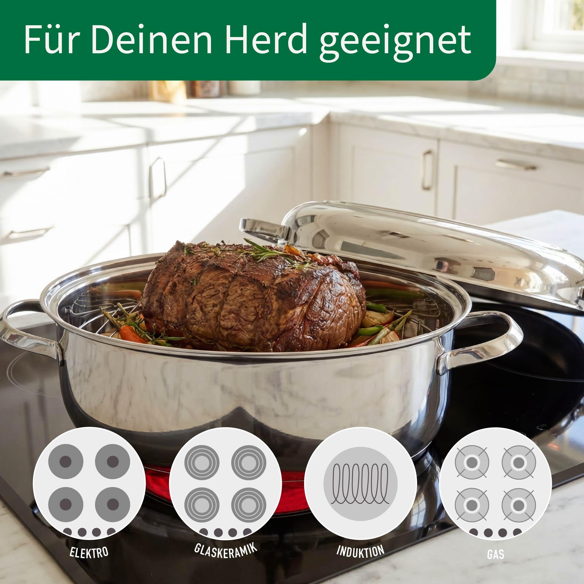 Chefkoch trifft Fackelmann Bräter Rosenheim – Ø38 cm, mit Edelstahldeckel, Gussgriff und Rosteinsatz, für alle Herdarten, Spülmaschinengeeignet