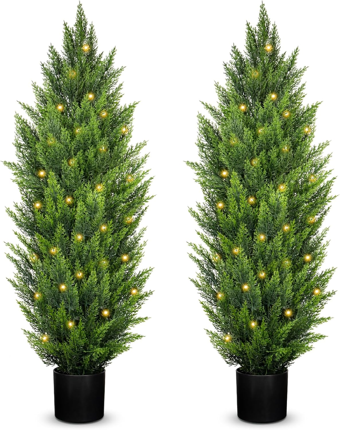 Briful 4ft Cedar Topiary Trees Artificial Outdoor Set of 2 Realistic Faux Cedar Trees with LED Lights, UV Resistant Fake Shrubs Cypress Trees, Fake Outdoor Trees for Home Farmhouse Front Door Decor