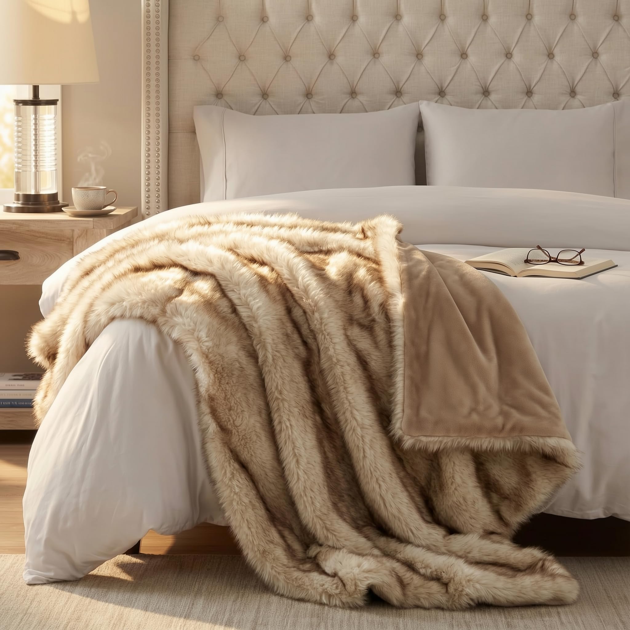 Hyde Lane Faux Fur Throw Blanket - Ultra Long Pile, Luxury Fluffy Fox Golden with Brown Tipped Blankets for Home Decor, Fuzzy Plush Animal Color