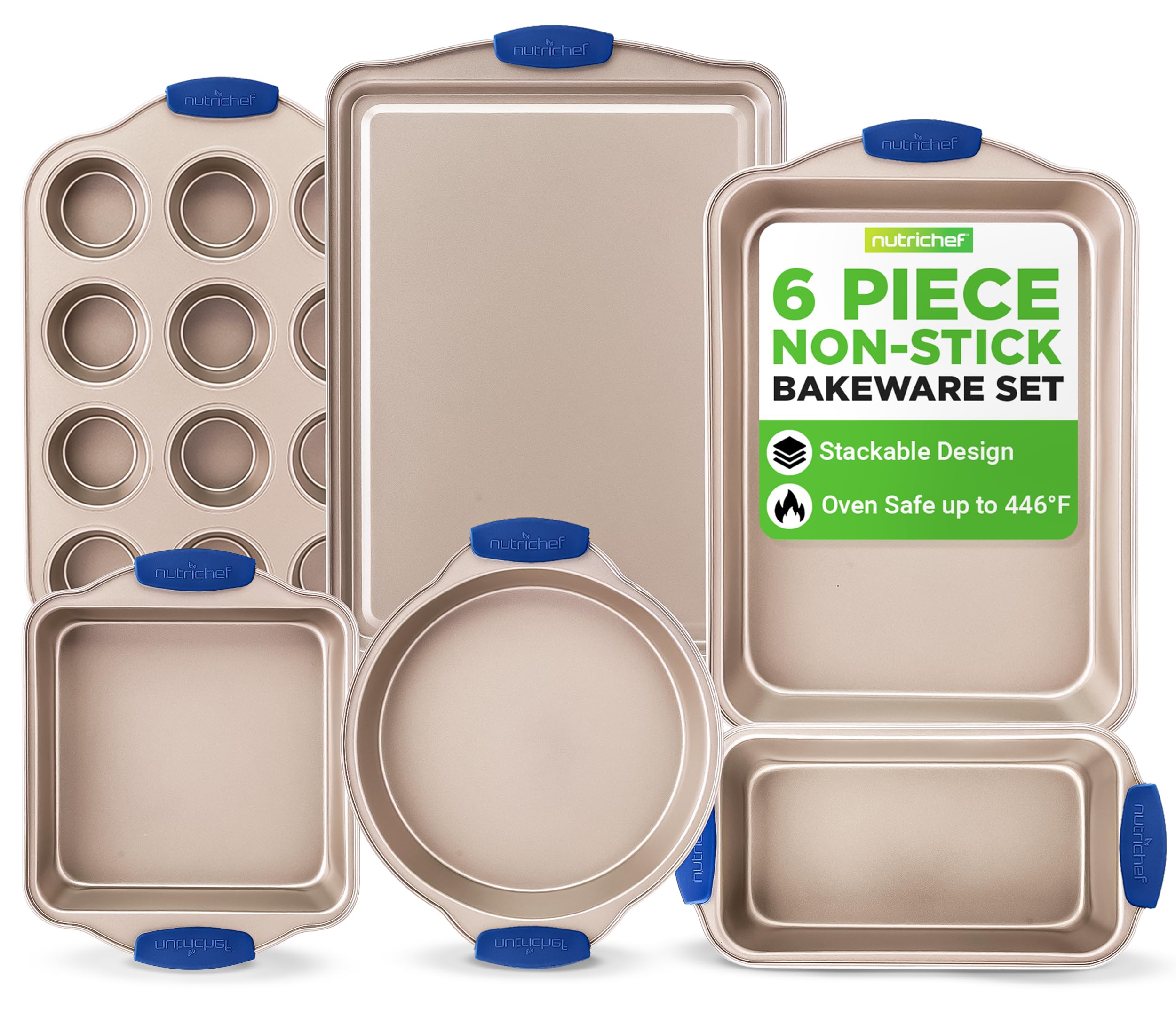 NutriChef Set of 6 Non-Stick Bakeware - Premium Carbon Steel Baking Tray with Heat Resistant Silicone Handle - Loaf Pan, Muffin/Cupcake Pan, Round & Square Roaster Pan with Cookie Sheet - NCSBSG36