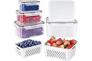 Veggie and Fruit Storage for Fridge - 4 Pack Airtight Containers with Colander