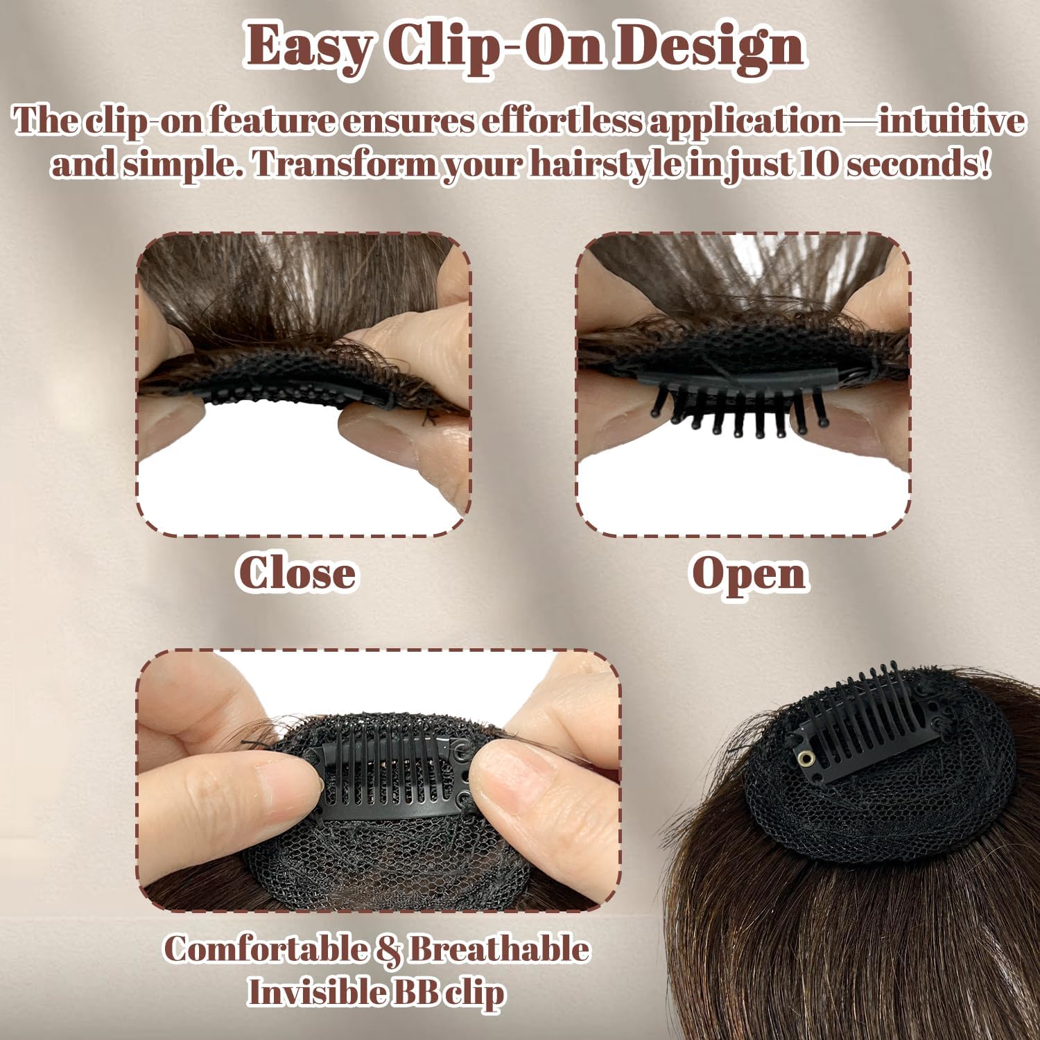 100% Real Human Hair Clip in Bangs for Women - Natural Look Fringe Hairpiece with Temples, Wispy or Curved Bangs Options(Dark brown) - Image 4