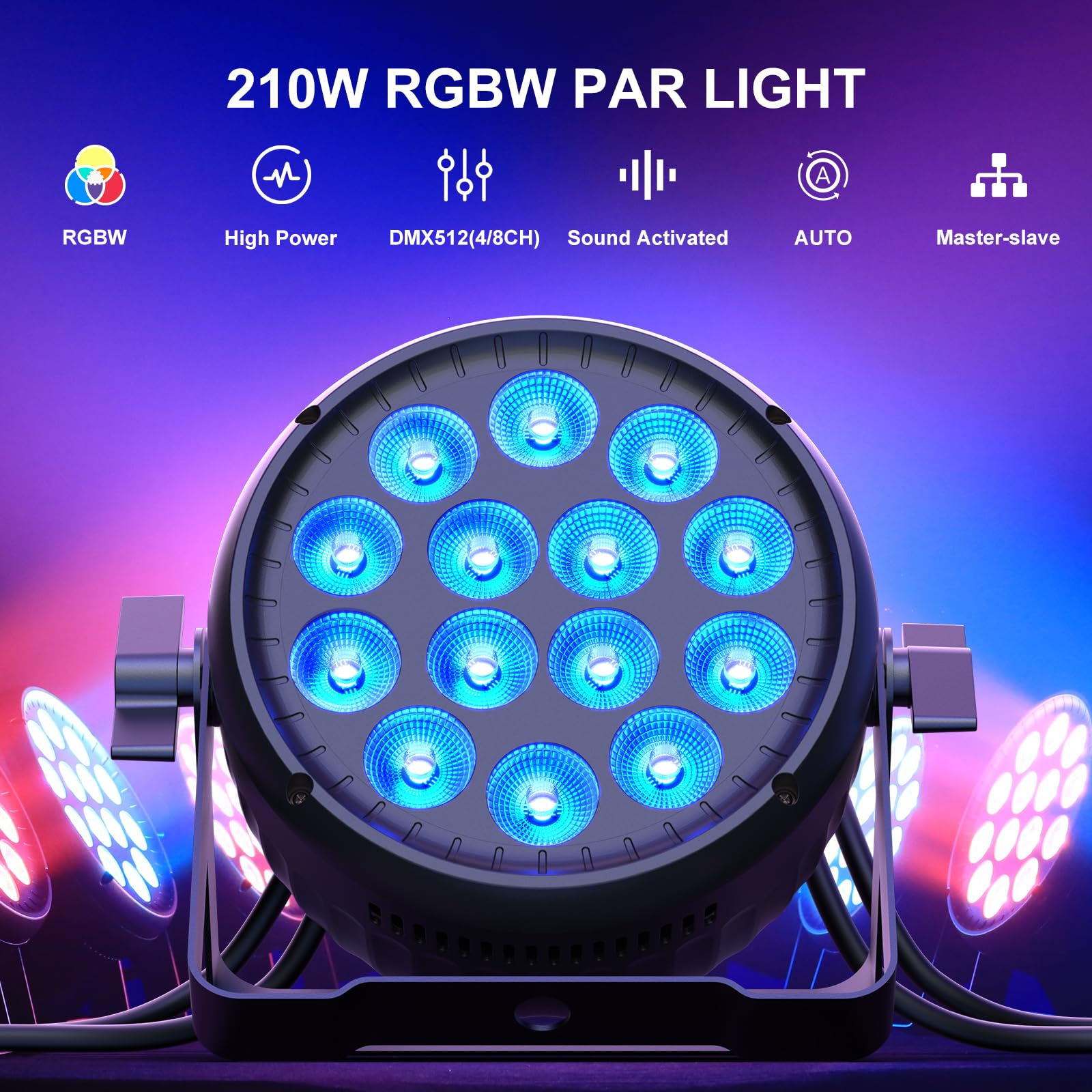 210W Faretto LED Par RGBW, luce da discoteca Silenziosa, multieffetto DMX512, con controllo audio, per feste, DJ, Chiese, Teatri, club, matrimoni, Halloween