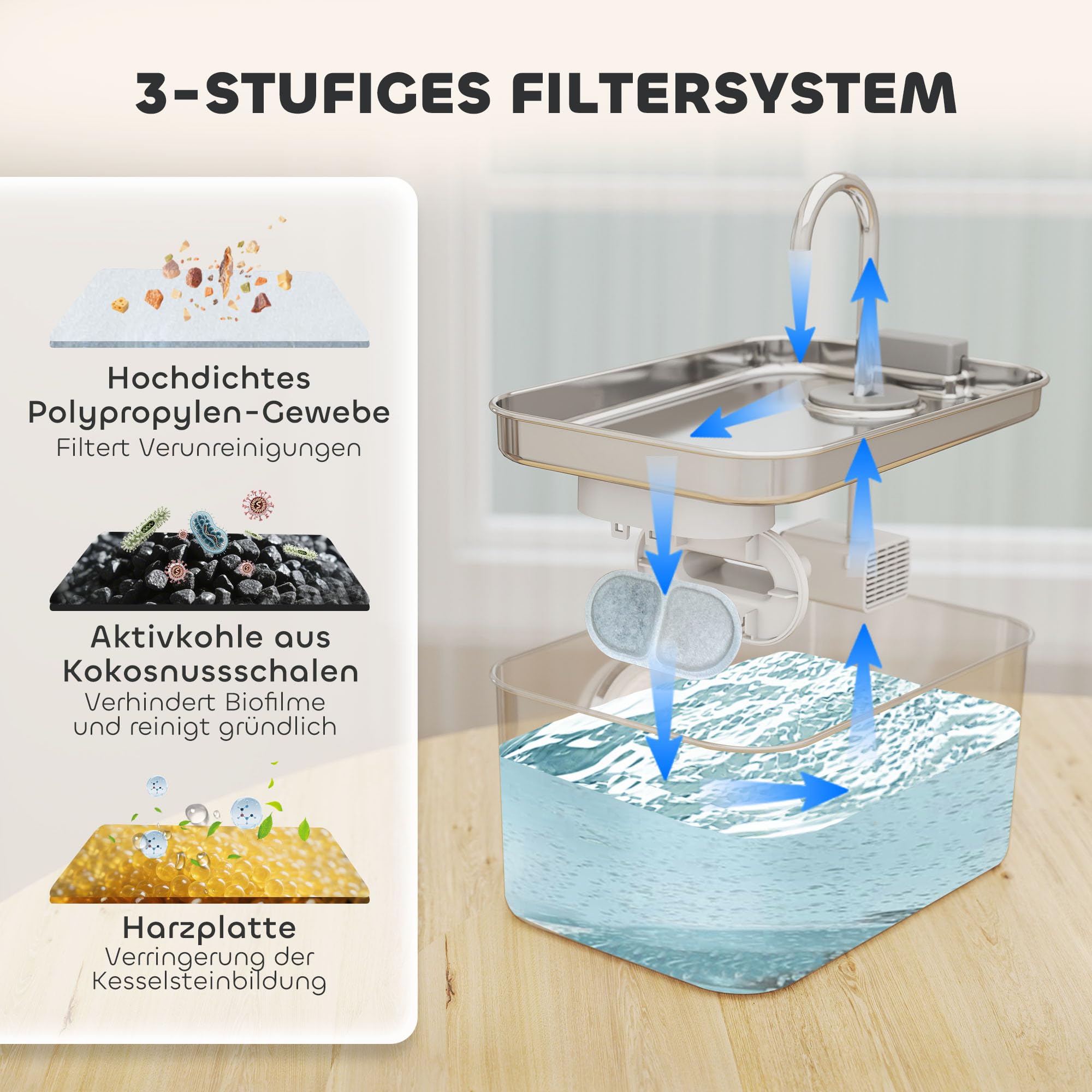 PawHut Fontanna dla kota z cichą pompą dla kotów i psów 3,2L srebrny | Fontanna dla kota ze stali nierdzewnej, Okienko poziomu wody, Filtr z węglem aktywnym, LED, System filtracji