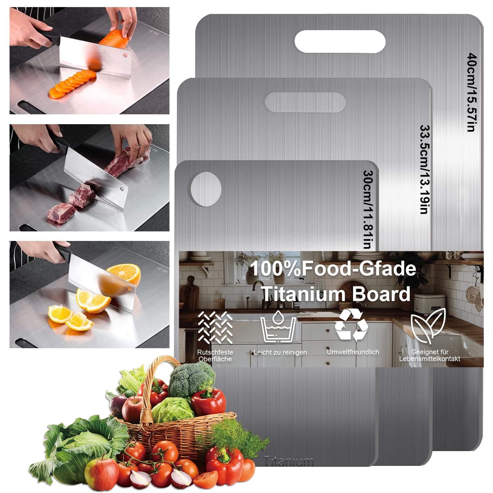 Lot de 3 planches à découper en titane - Double face, sans danger pour les aliments, non poreuses pour la viande, les fruits et les légumes-sans microplastique, résistant aux odeurs, coffres-forts