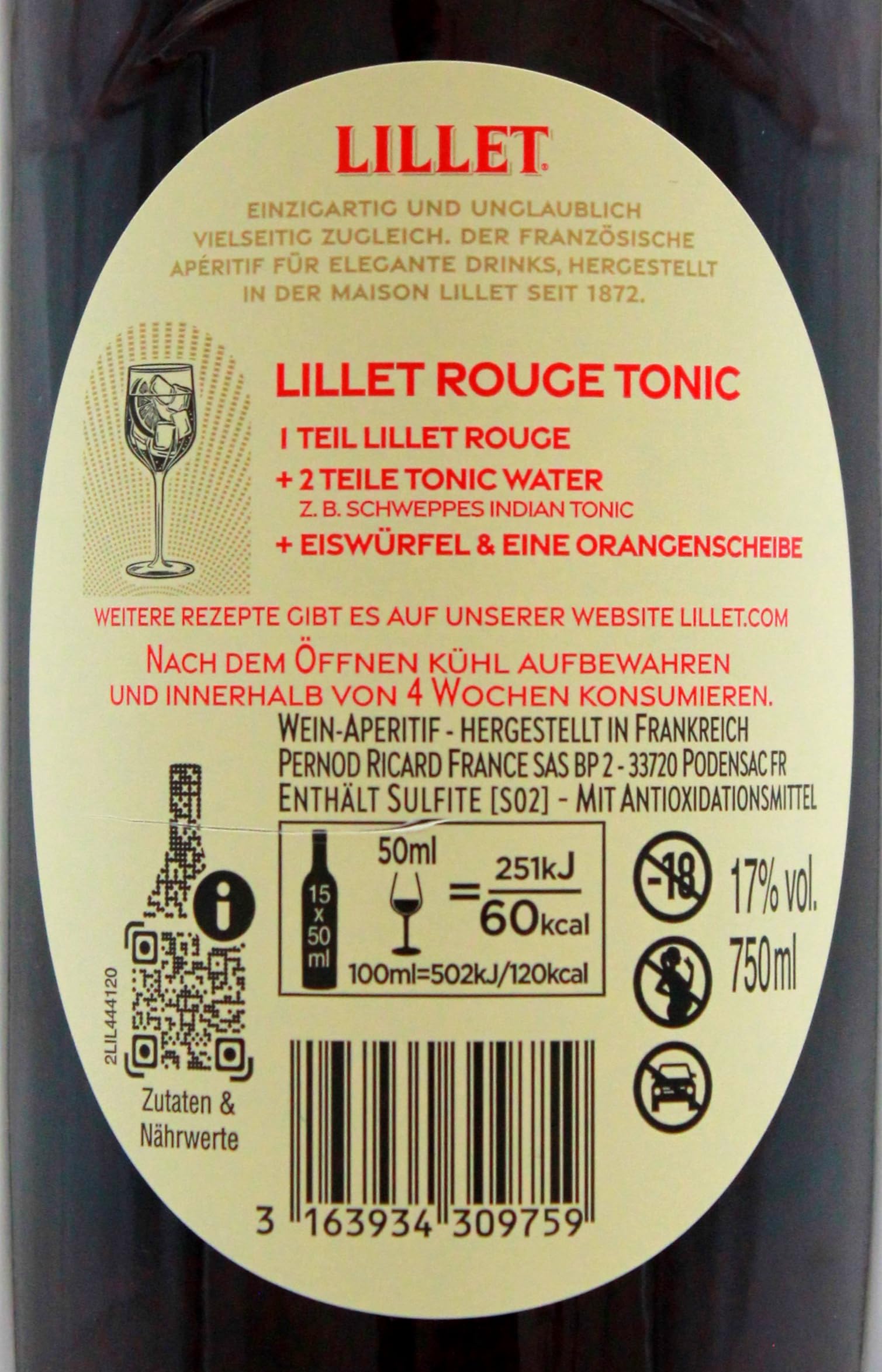 Lillet L'Aperitif Rouge 17% vol., 6er Pack (6 x 750g)