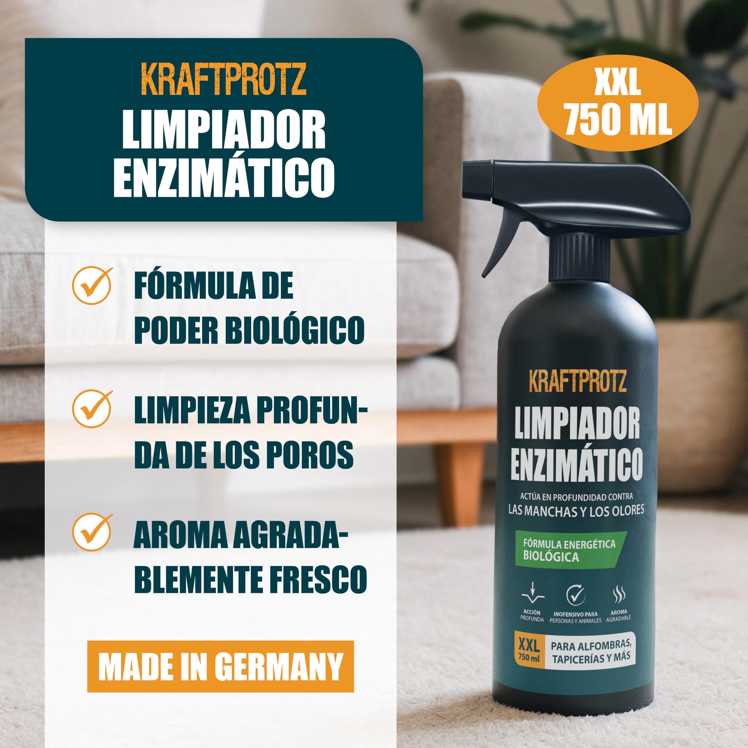 Limpiador enzimático 750 ml – KRAFTPROTZ Limpiador biológico para Manchas y olores – Limpieza Profunda y cuidadosa – Ideal para alfombras, tapicerías, colchones, Textiles, Coche y hogar