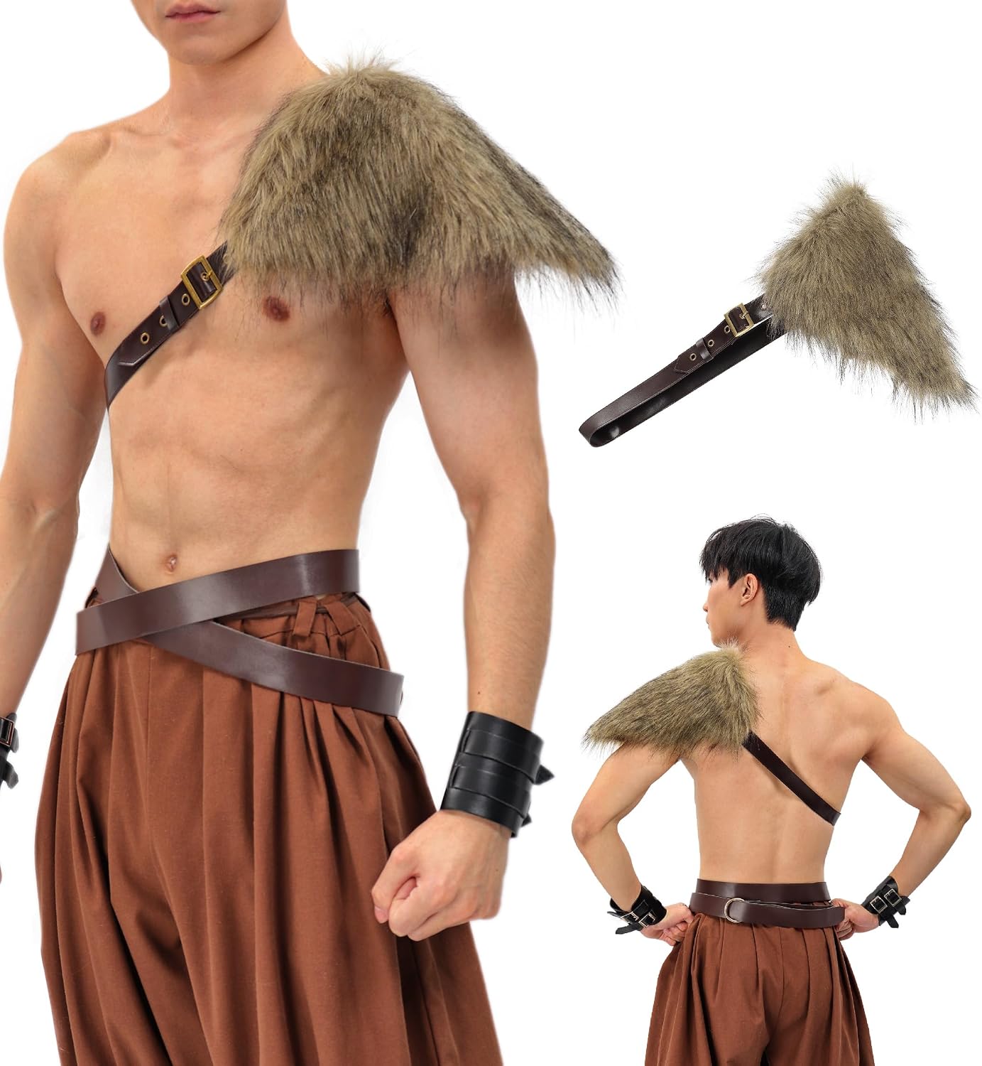 DAZCOS Medieval Faux Fur One Shoulder Wrap Armor for Men Half Shoulder Cape with Leather Harness for Halloween