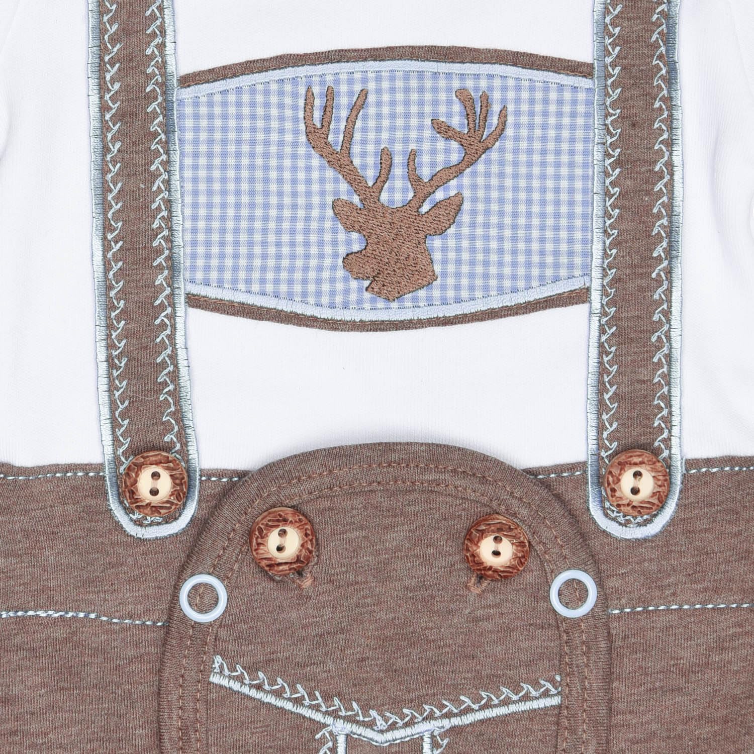P.Eisenherz Baby Body mit kurzem Arm im Lederhosenlook mit Hosenträger & Hirsch-Stickerei