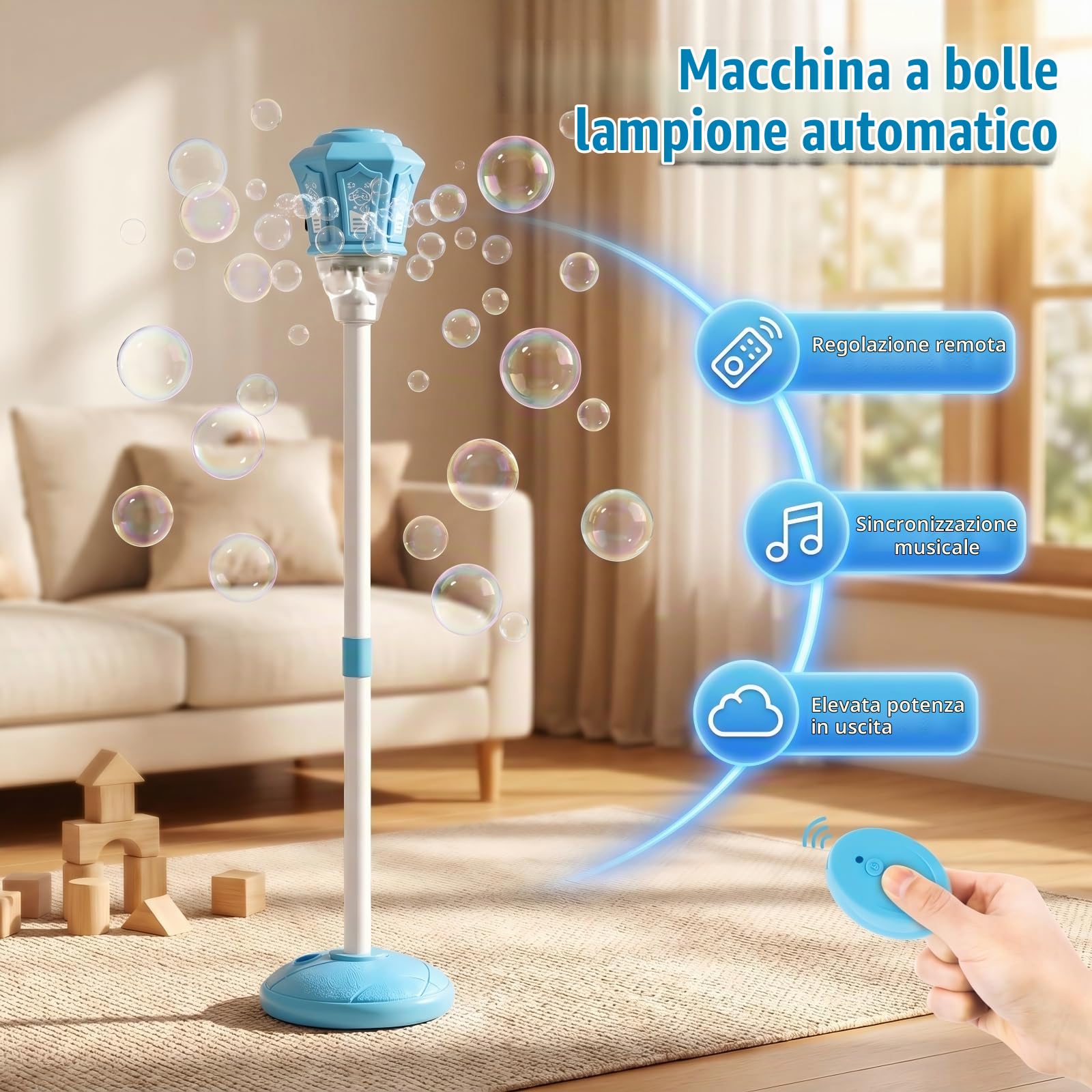 Macchina Bolle di Sapone con Telecomando, 3 Altezze Regolabili fino a 119cm, Luce RGB e Musica, Batteria Ricaricabile USB, Base Stabile, per Bambini Festa Outdoor Matrimonio Giardino