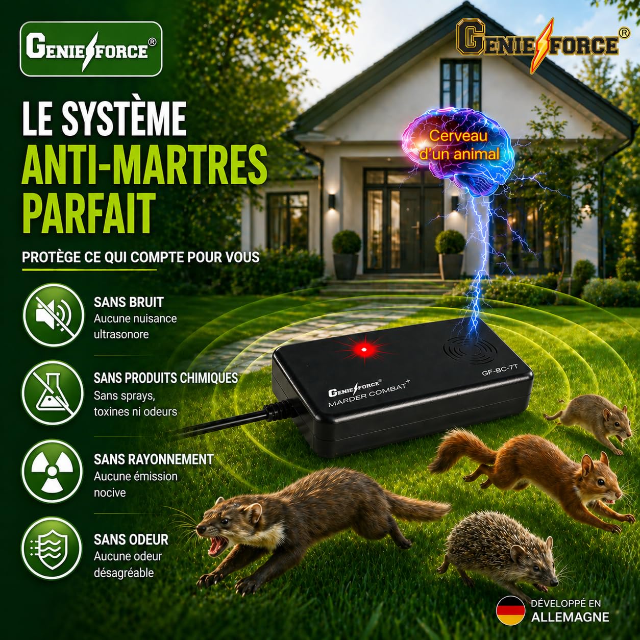 GF-BC-7T Combat + Protection intérieure contre les martres et les martres - Appareil à ultrasons - Répulsif contre les martres et les souris - Pour la maison, le grenier, la cave et le