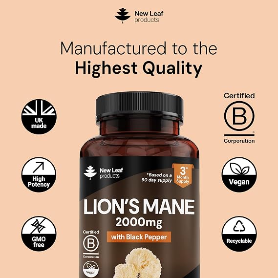 Lions Mane Mushroom 2000mg - 180 High Strength Vegan Tablets - Lion's Supplement with Black Pepper - Mushrooms Extract (Not Powder or Capsules) Made in The UK By New Leaf products