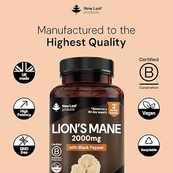 Lions Mane Mushroom 2000mg - 180 High Strength Vegan Tablets - Lion's Supplement with Black Pepper - Mushrooms Extract (Not Powder or Capsules) Made in The UK By New Leaf products
