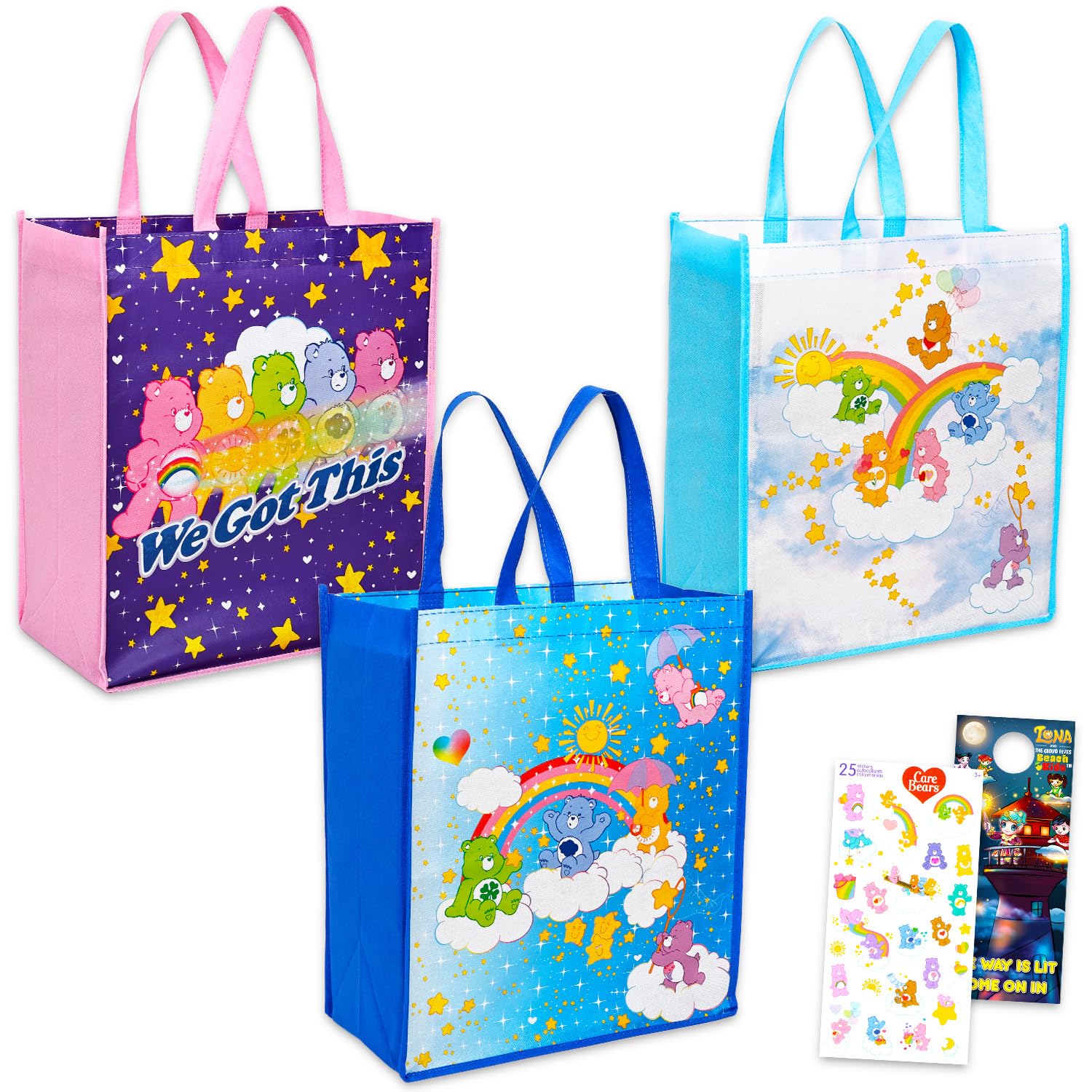 Care Bears Tote Bag Bundle - Accessories Bundle with 3 Grocery Bags Featuring Grumpy, Cheer, Funshine, Good Luck, More Plus Stickers | Care Bears