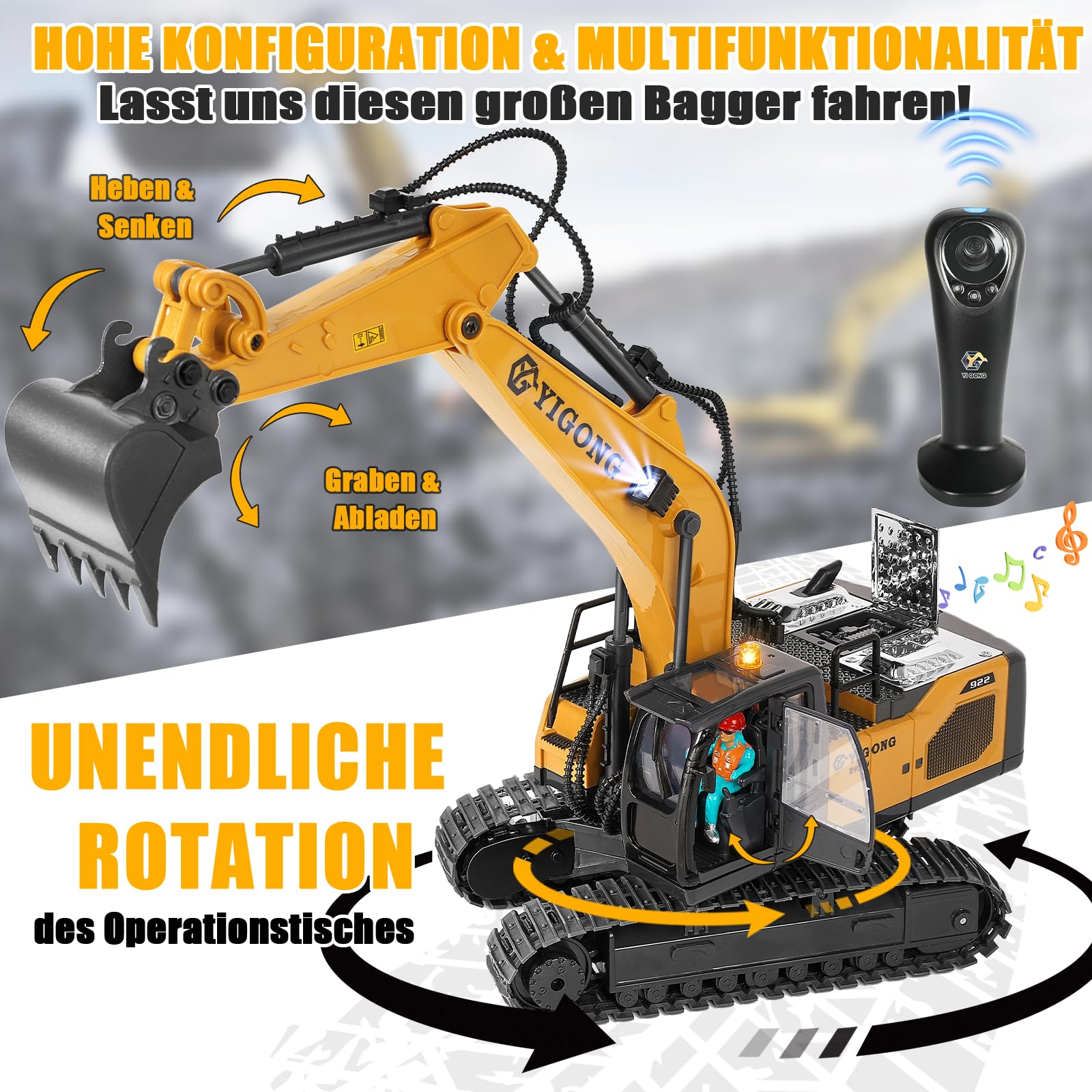 Ferngesteuertes Bagger Spielzeug für Kinder ab 4 5 6 7 8 9 Jahre, 2,4 GHz Schwerkraft Gesteuerte Bagger Ferngesteuert mit Licht und Sound, 11 CH RC Spielzeugautos Geschenk für Junge 5-12 Jahre Alt
