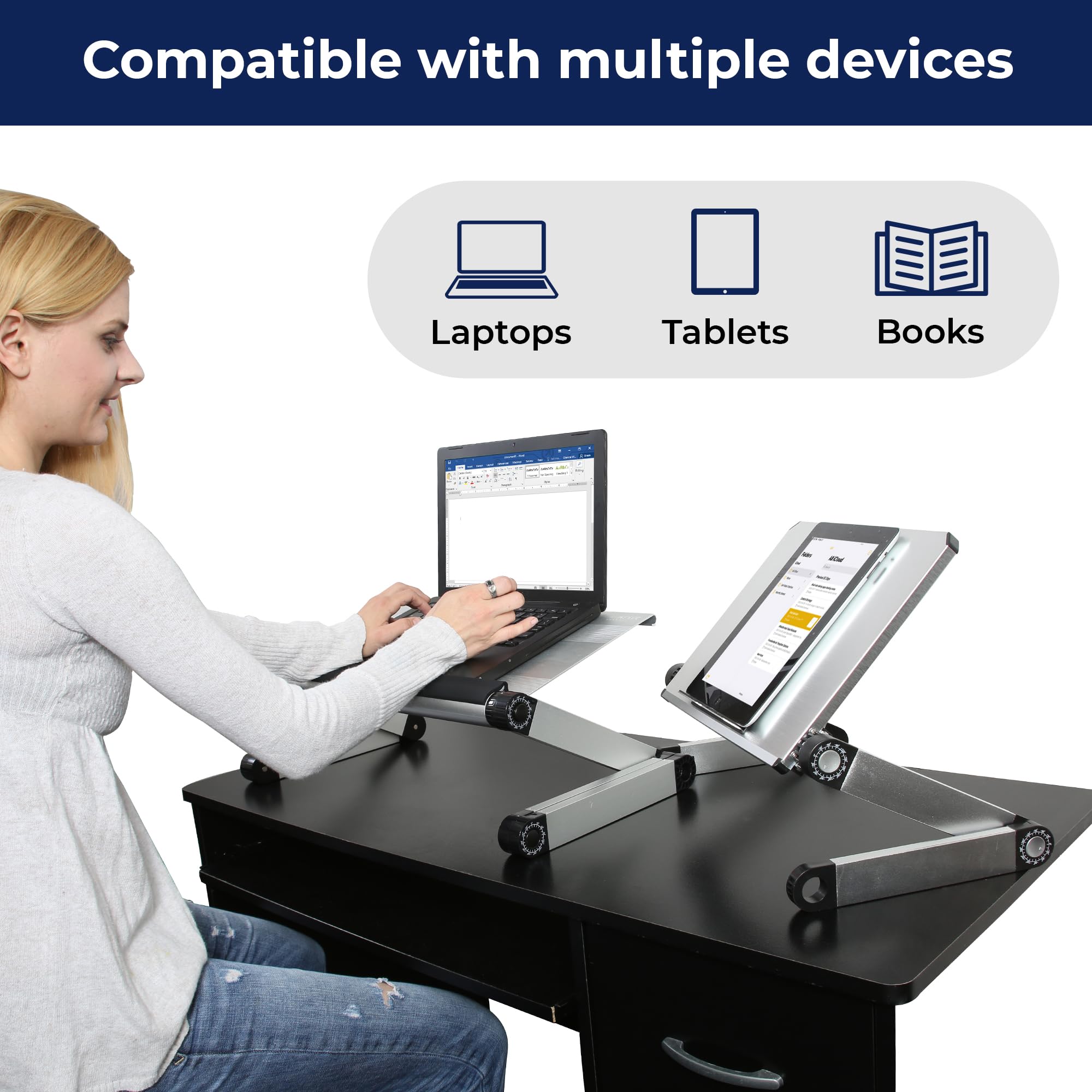 Uncaged Ergonomics WorkEZ LIGHT Super Lightweight Folding Laptop Stand Lap Desk for Bed Couch ergonomic adjustable height angle tilt aluminum cooling cooler small foldable desktop riser tray silver - Image 2