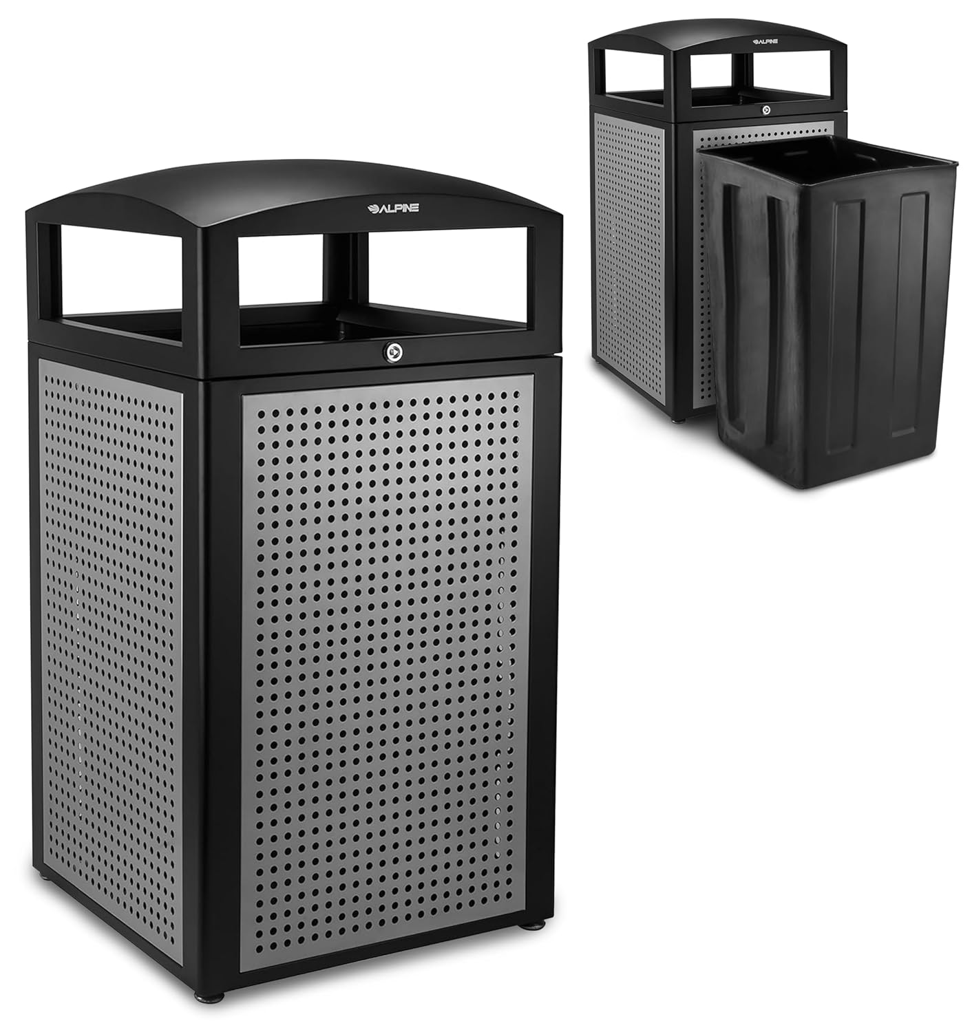 Alpine Outdoor Commercial Trash Can with Lid - 40 Gallon Heavy Duty Metal Garbage Can with Removable Bin, Locking Lid for a Modern Look in Parks, Malls, Parkings & High Traffic Areas (Black & Grey) Without as is