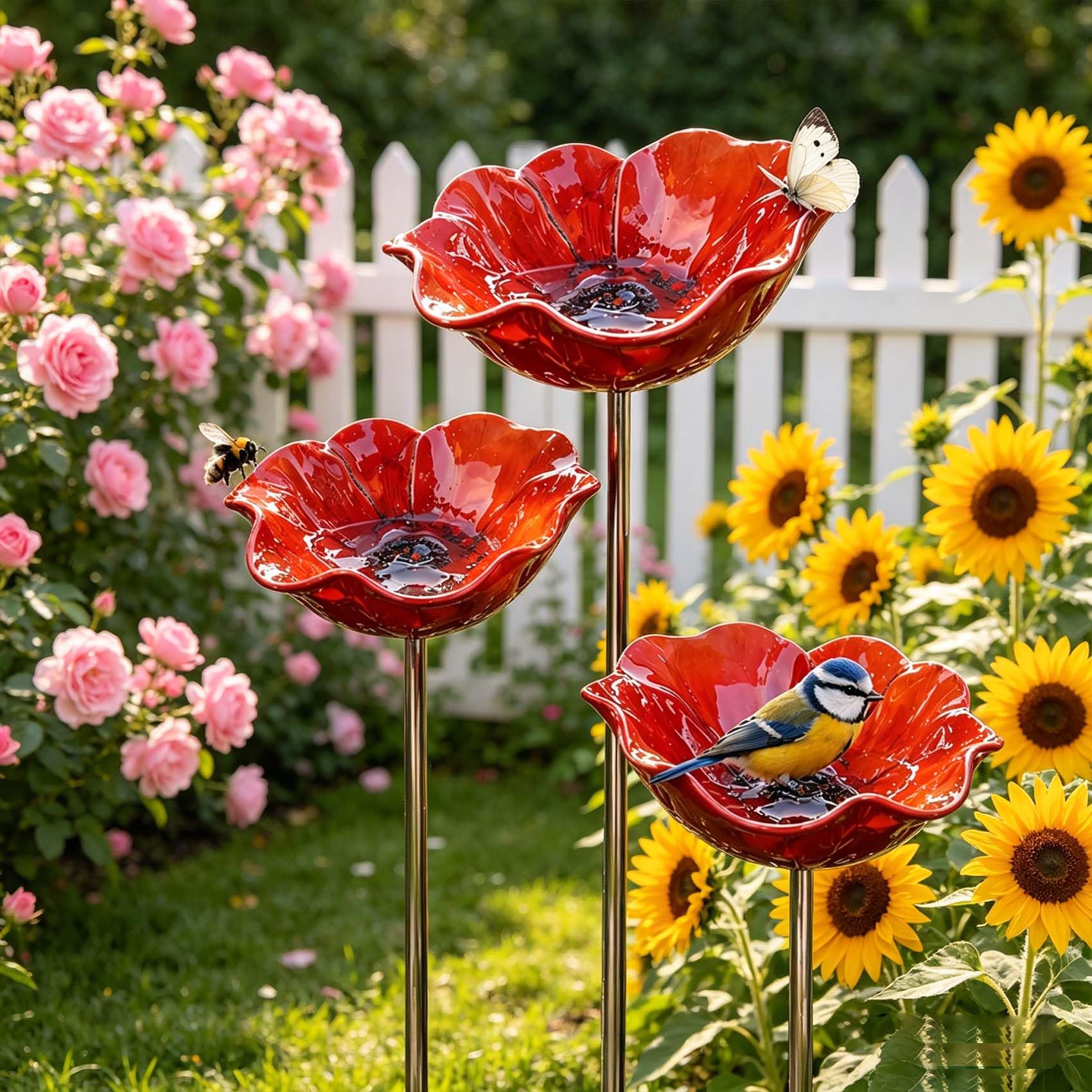 Blumen Gartenstecker VogelträNke, 2026 Neu Metall Blumen Gartenstecker, BienenträNke, Schmetterlinge Insekten Tränke für Den Garten, VogelträNke Futterschale Rasen & Balkon (3pcs *C)