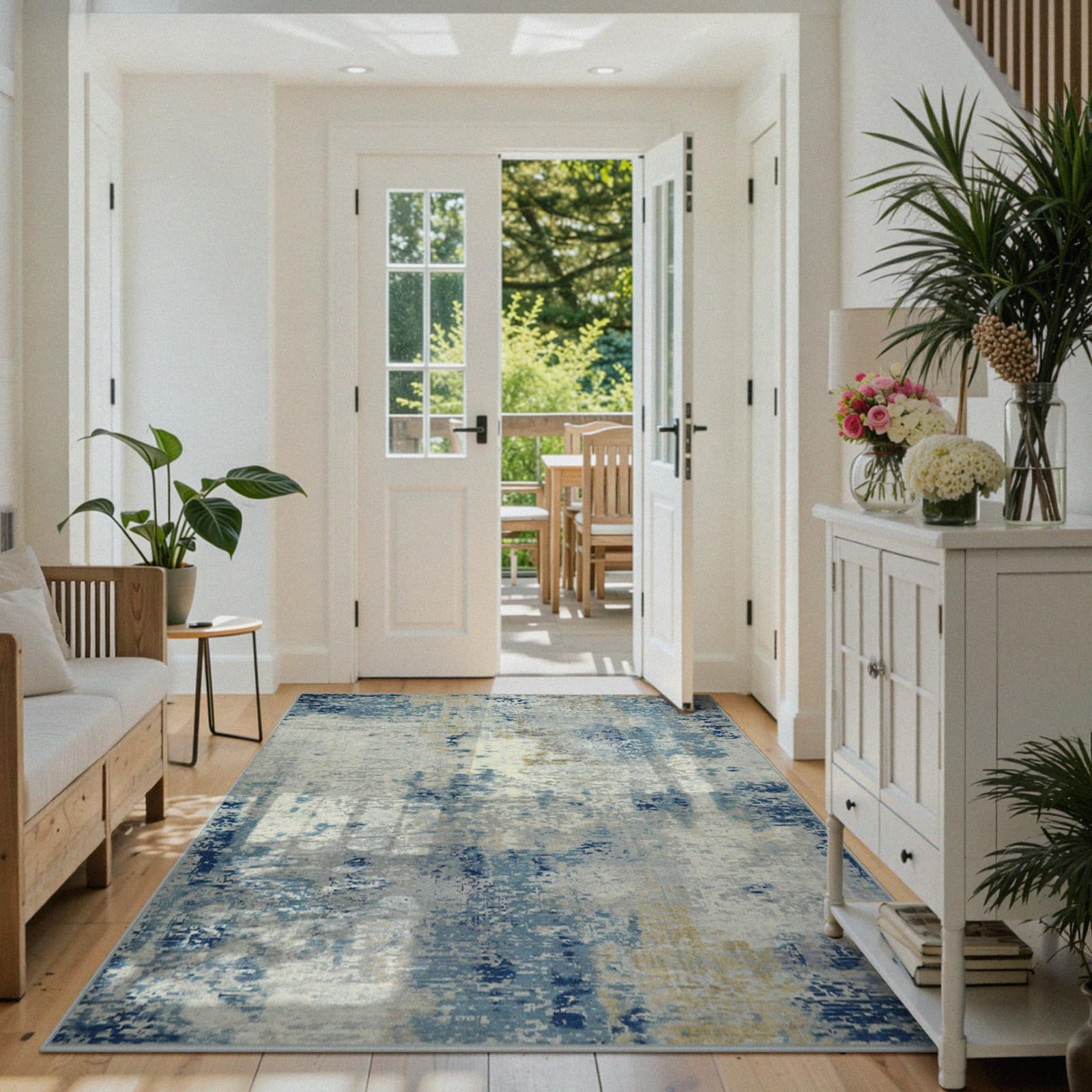 Lahome Modern Abstract Washable Area Rugs 5x7, Soft Living Room Rug Non Slip Stain Resistance, Faux Wool Floor Carpet for Bedroom Dining Room Nursery Kids Playroom,Blue/Grey