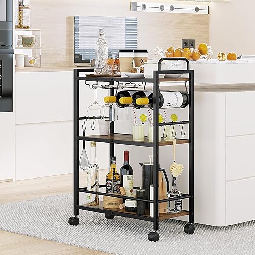 Miniatura 3 de Home Bar - Carrito de servicio con ruedas y asa, carrito de cocina rodante de 3 niveles, carrito de microondas, carrito de bebidas con soporte para
