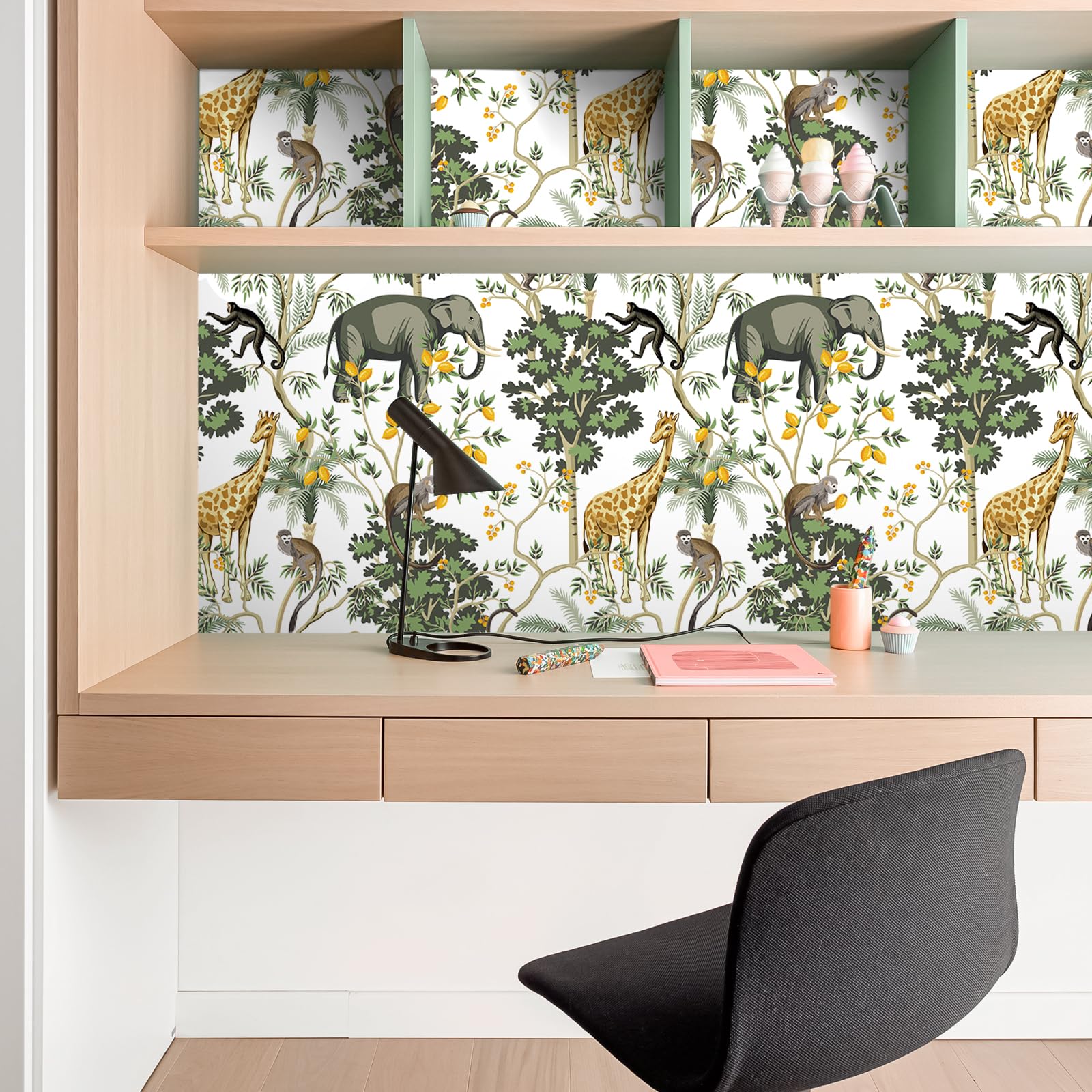 VEELIKE Exotic Safari Wallpaper for Nursery Kids Room White Tropical Wallpaper for Bedroom Living Room Elephant Giraffe Monkey Wall Mural Peel and Stick Animals Jungle Wall Paper 44.5 cm x 300 cm - Image 3