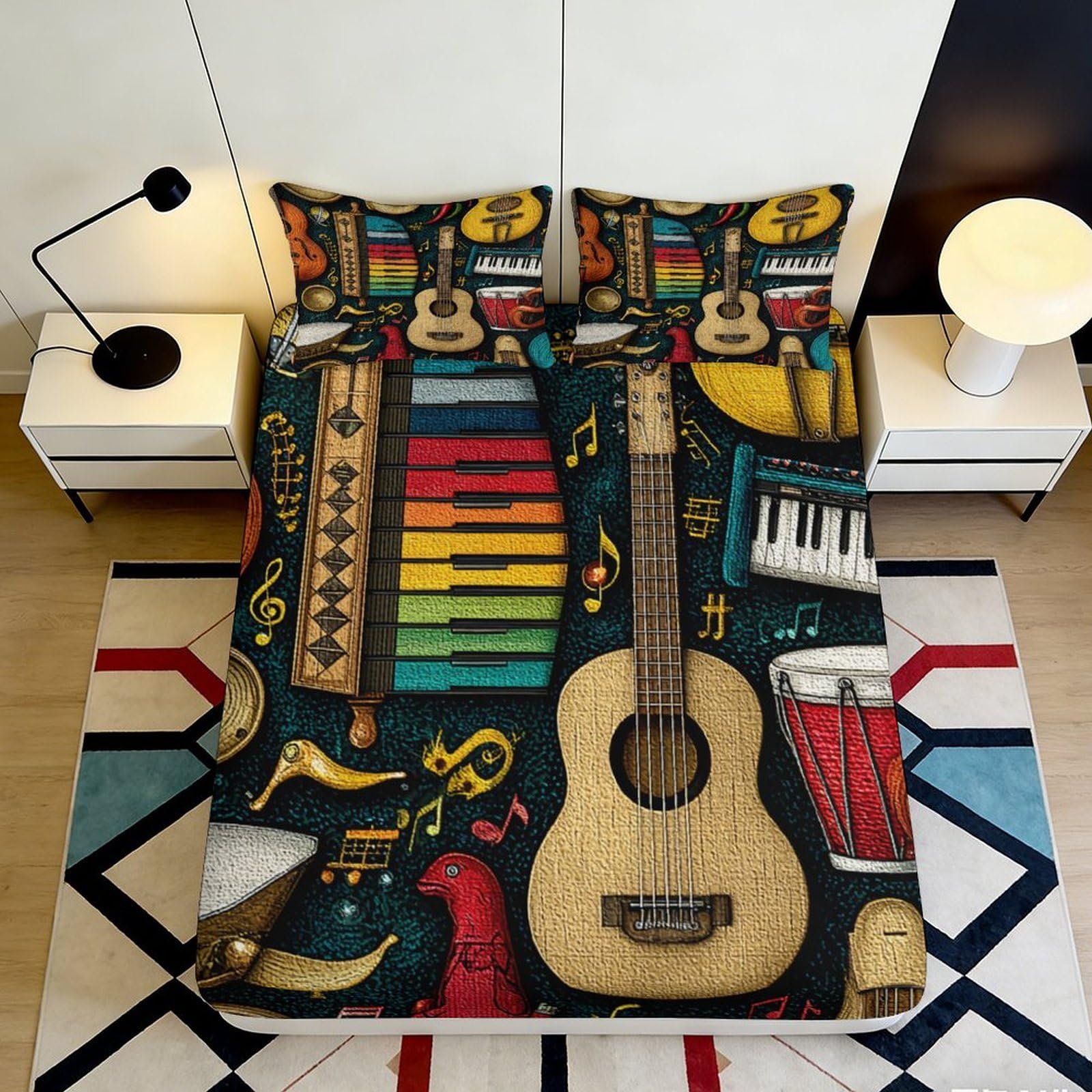3D Printed Musical Instruments Fitted Sheet Microfiber Soft Durable Colorful Guitar Piano Bed Sheet for Bedroom Dormitory Guest Room Mattress Cover 90x200x25cm