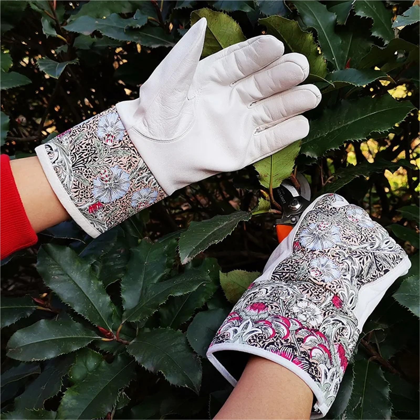 Guantes De Jardinería Palma de cuero de los guantes del trabajo de la señora que cultiva un huerto, parte posterior del algodón, resistencia de la espina de las plantas, muñeca/brazo inferior protege