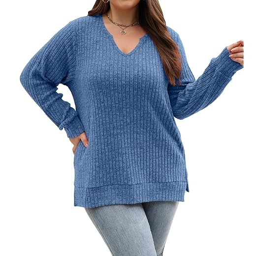 Sweaters for Women Plus Size Tops Long Sleeve Shirts for Womens Fashion Fall Winter Clothes 2023 Blue XXL