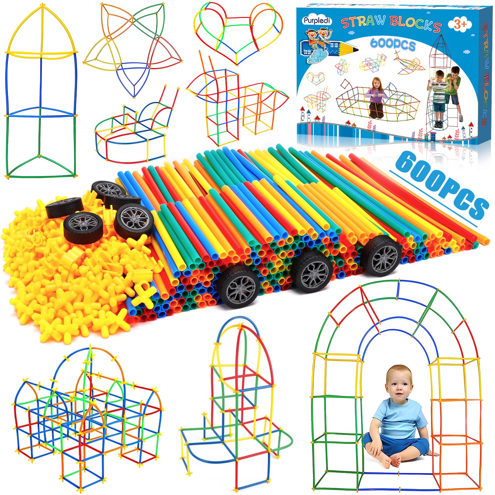 Purpledi Kit De Construcción De Fuertes para Niños 3 a 12 años, Pajitas y Conectores Constructor, Juego De Construcción para Interiores con Palos, Best Gift for Boys and Girls (600PCS)