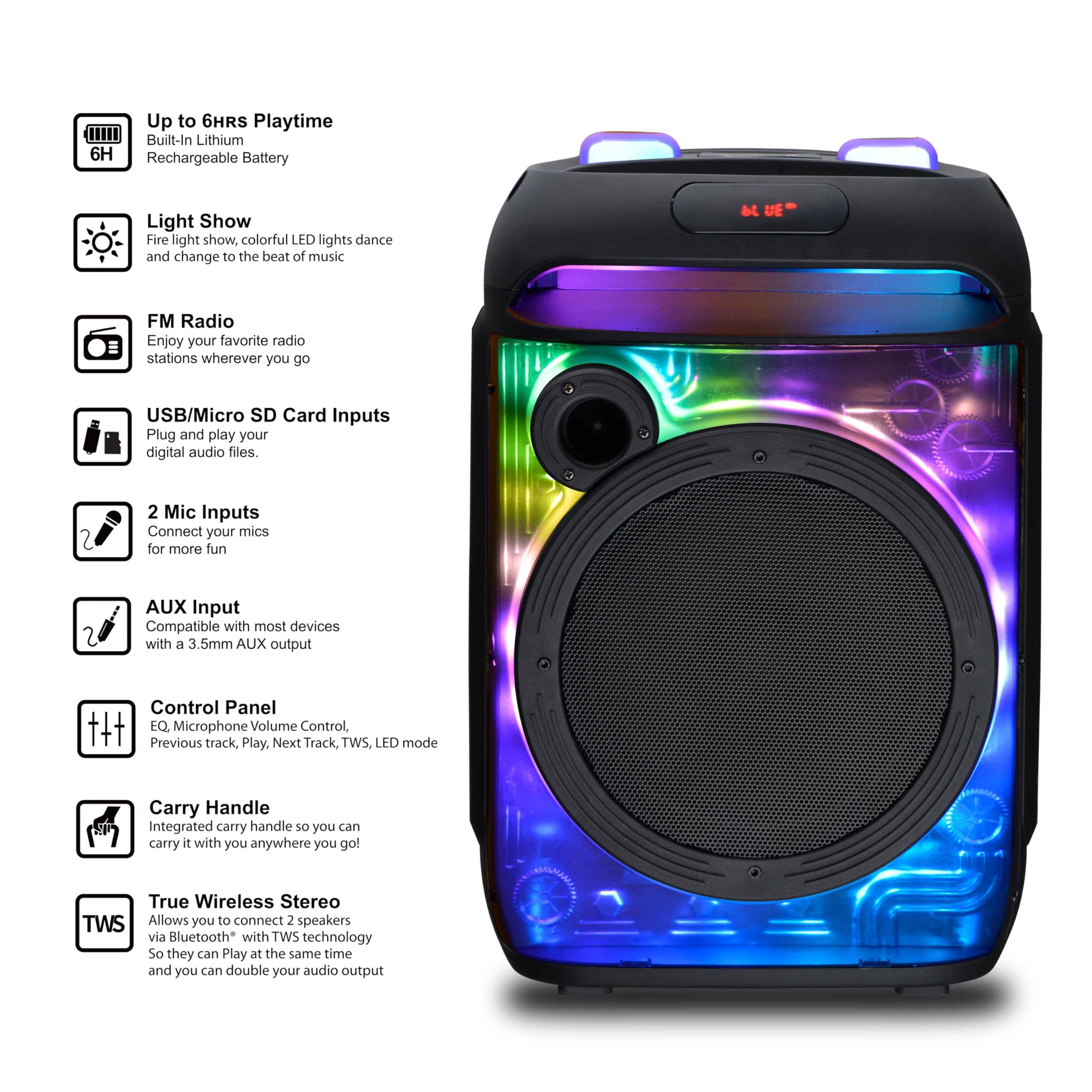 IQ Sound IQ-5908DJBT Cyber Flex 8-inch Portable Bluetooth Speaker w/TWS, LED Lights, 40W RMS, USB/SD/FM/AUX, Wireless Mic, Remote Control, Rechargeable Battery Perfect for Parties & Events