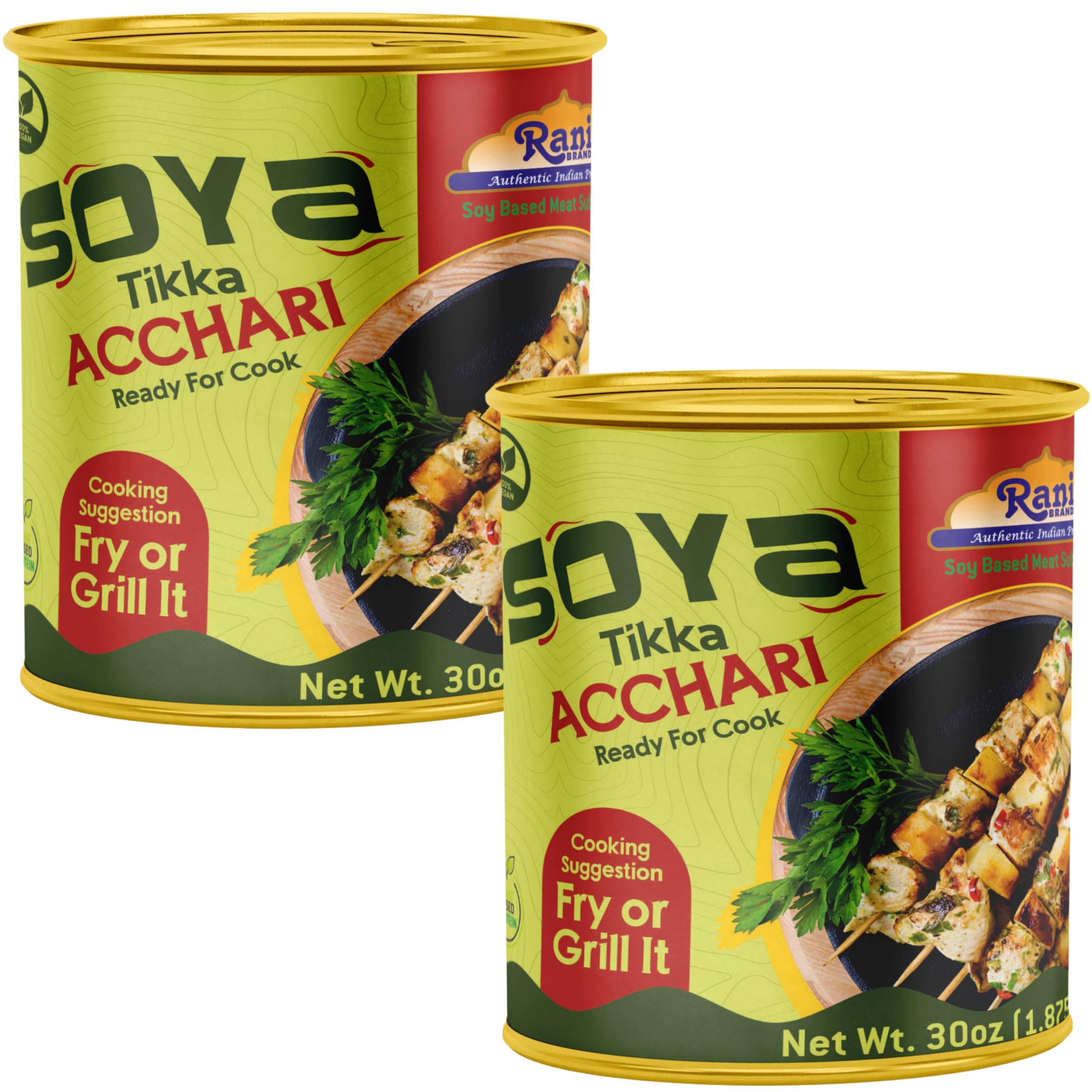 Rani Soya Tikka Achari 30oz (1.875lbs) 850g, Pack of 2, Ready for Cook ~ Easy Open Lid | All Natural | Vegan | No Colors | NON-GMO | Kosher | Indian Origin | Soy Based Meat Substitute
