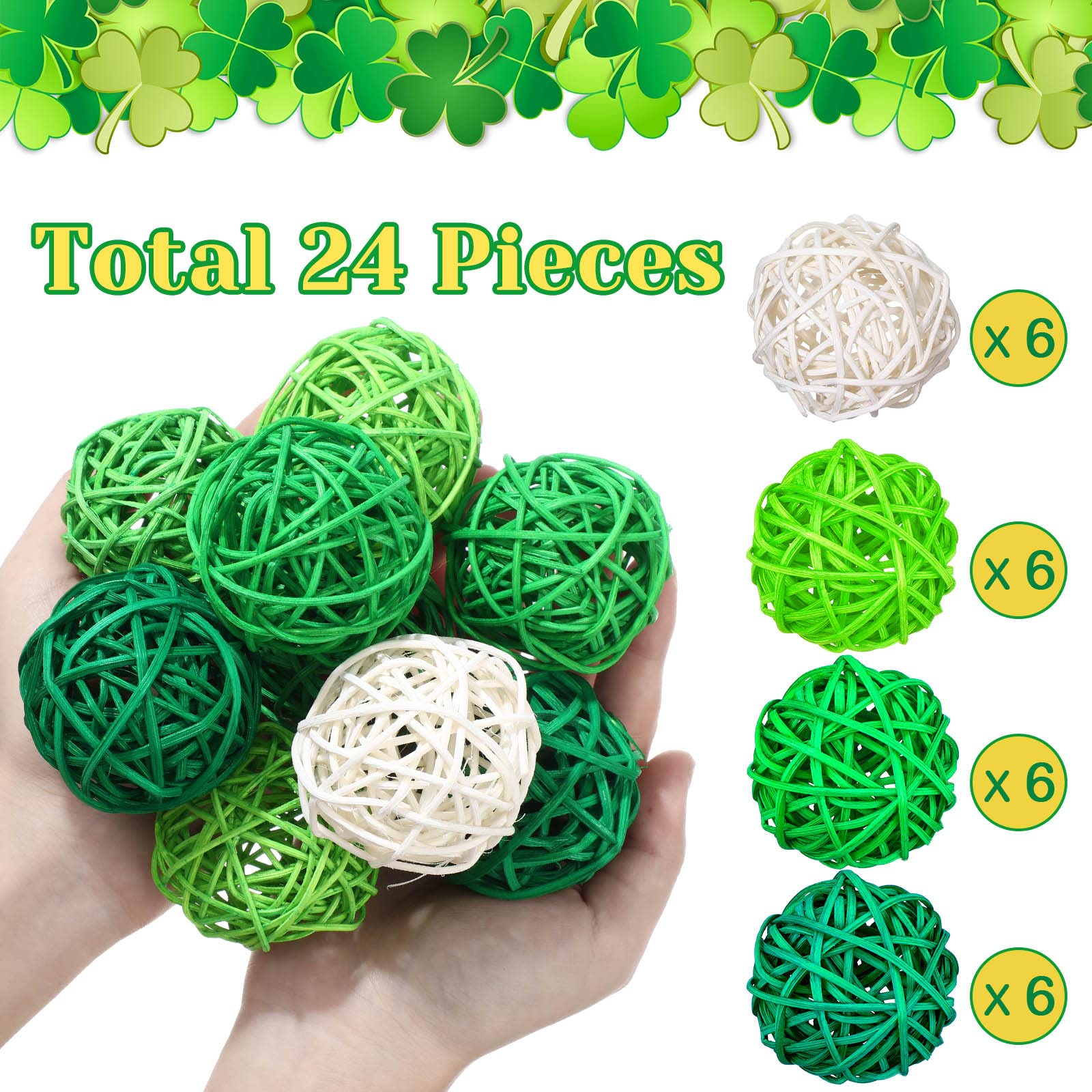 24 Pieces Wicker Rattan Balls Decorative Orbs 1.8 Inch St Patrick's Day Mixed White Green Ball Vase Filler Decorative Balls for Wedding Table Decor Valentine's, Green, Light Green, Dark Green, White
