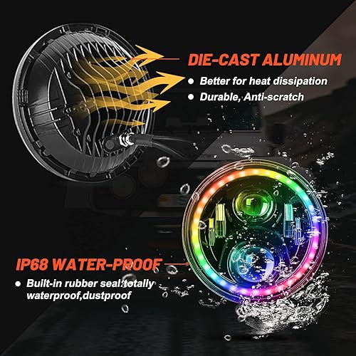 Miniatura 6 de 7 '' RGB Halo LED Faros Segunda Generación Ángel Ojos con Luz de Señal de Giro Ámbar Multicolor Bluetooth Control para Jeep Wrangler JK LJ Sahara