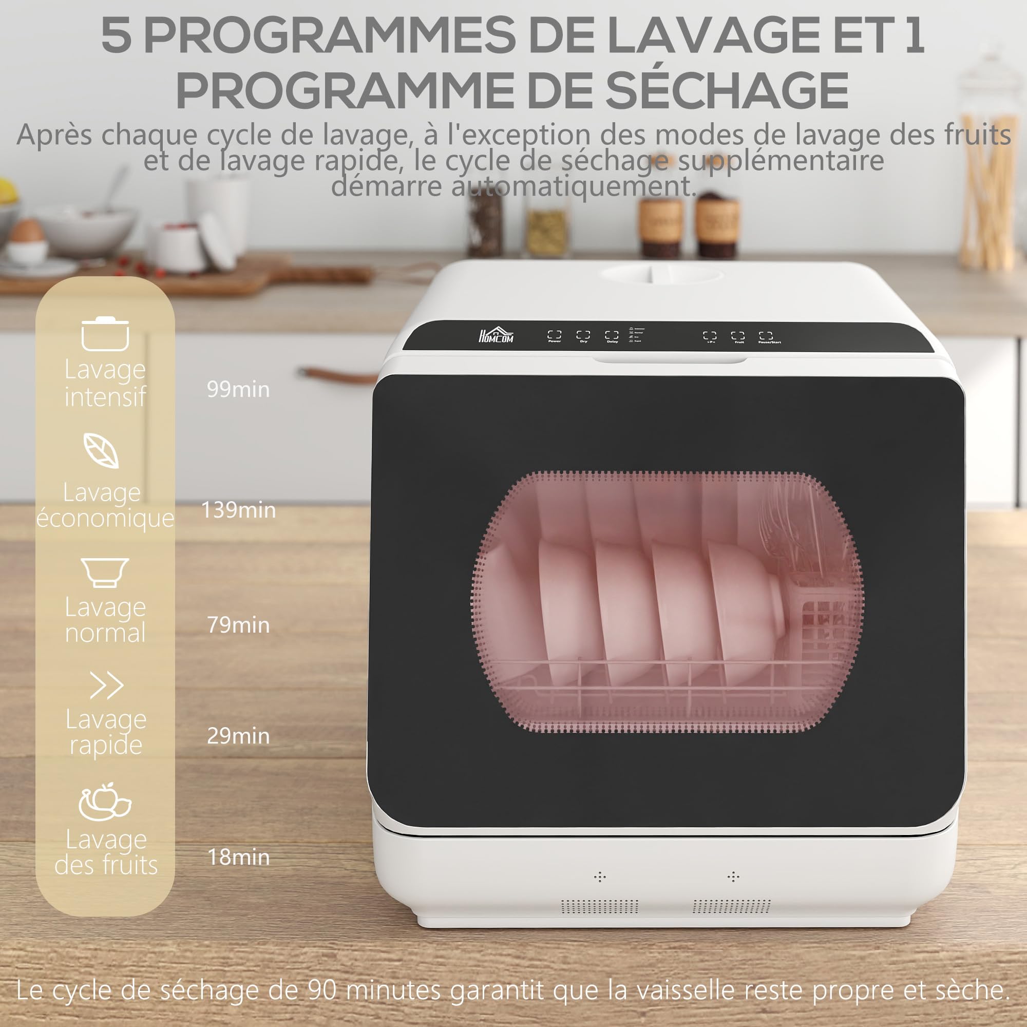 HOMCOM Mini lavastoviglie, lavastoviglie da tavolo, 5 programmi, doppia alimentazione dell'acqua e modalità di lavaggio della frutta, serbatoio dell'acqua da 6 L, comandi a sfioramento, display LED,