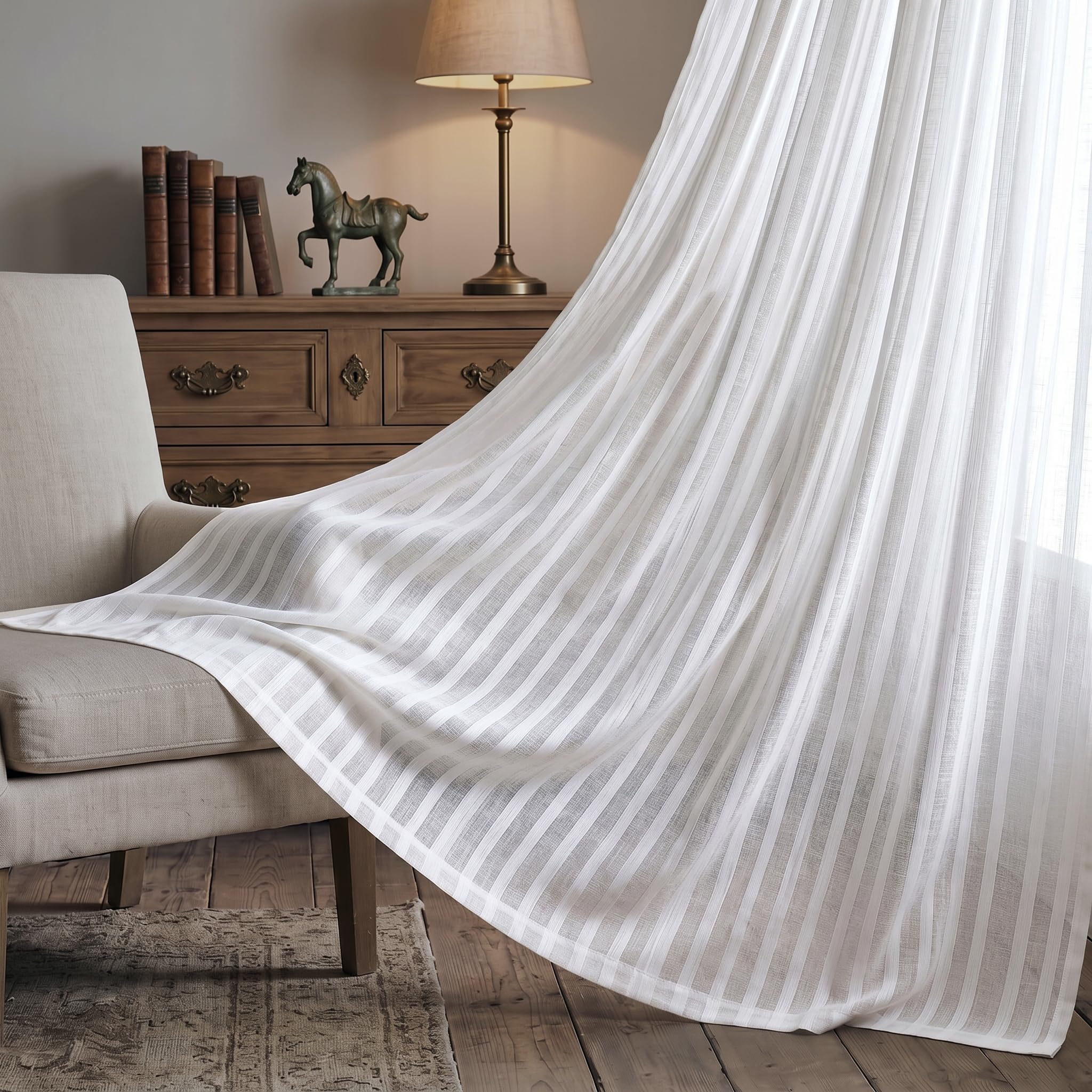 View 1 of THE ART BOX White Sheer Curtains 84"x45" Striped Light Filtering 2 Panels