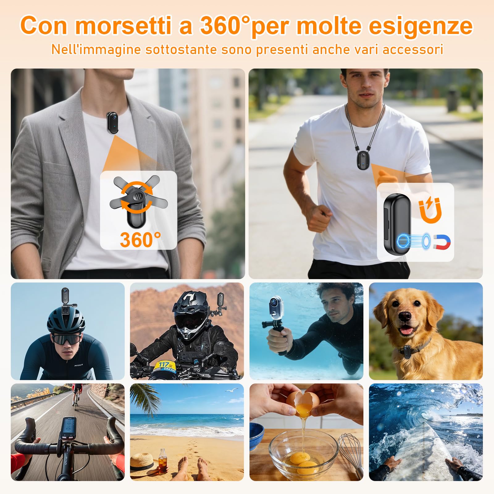 Mini Action Cam 4K, Portable Vlogging Camera WiFi, Fotocamera Subacquea Impermeabile 30M, POV Camera Body Cam 38g,150 Min Rotazione a 360° per Bici/Moto, Subacquea, Sci Ideale Sport Estremi