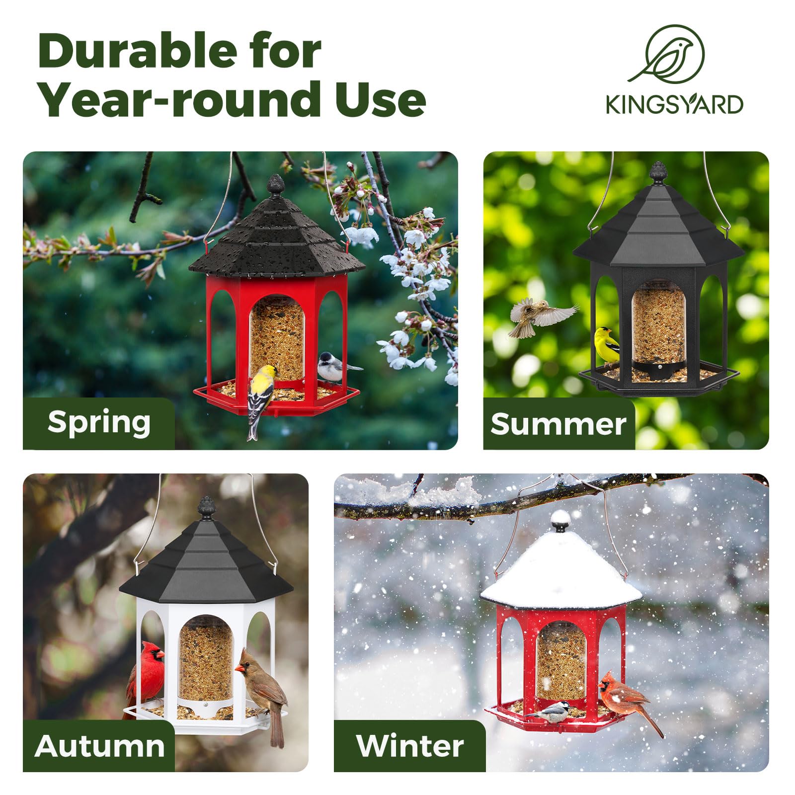 Kingsyard Comederos de metal para pájaros para colgar al aire libre, techo resistente a la intemperie, sin instalación y fácil de limpiar, gran capacidad de semillas de 2.6 libras, para jardín, pinzón