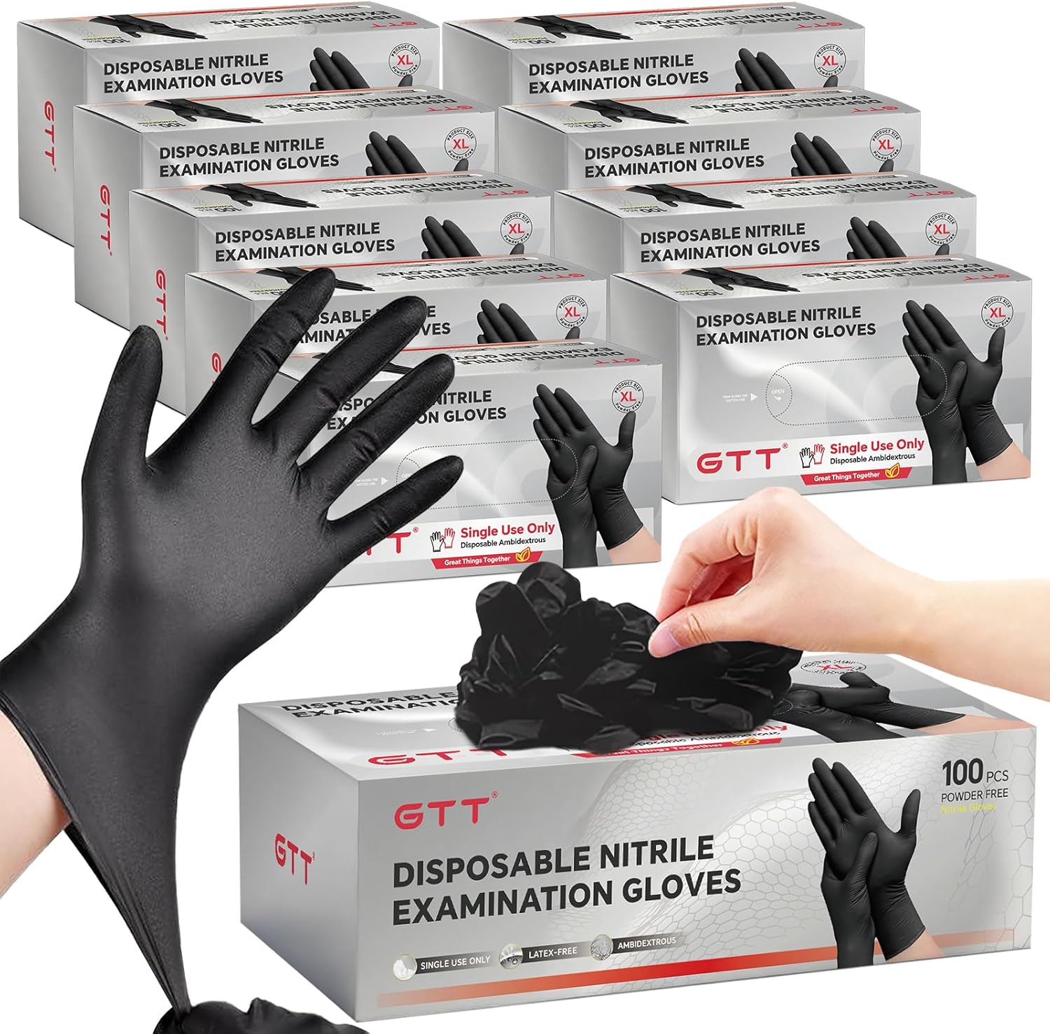GTT Black Nitrile Exam Gloves 6 Mil, Powder-Free Disposable Gloves for Medical, First Aid,Cleaning Food Prep, Tattoo,Cooking