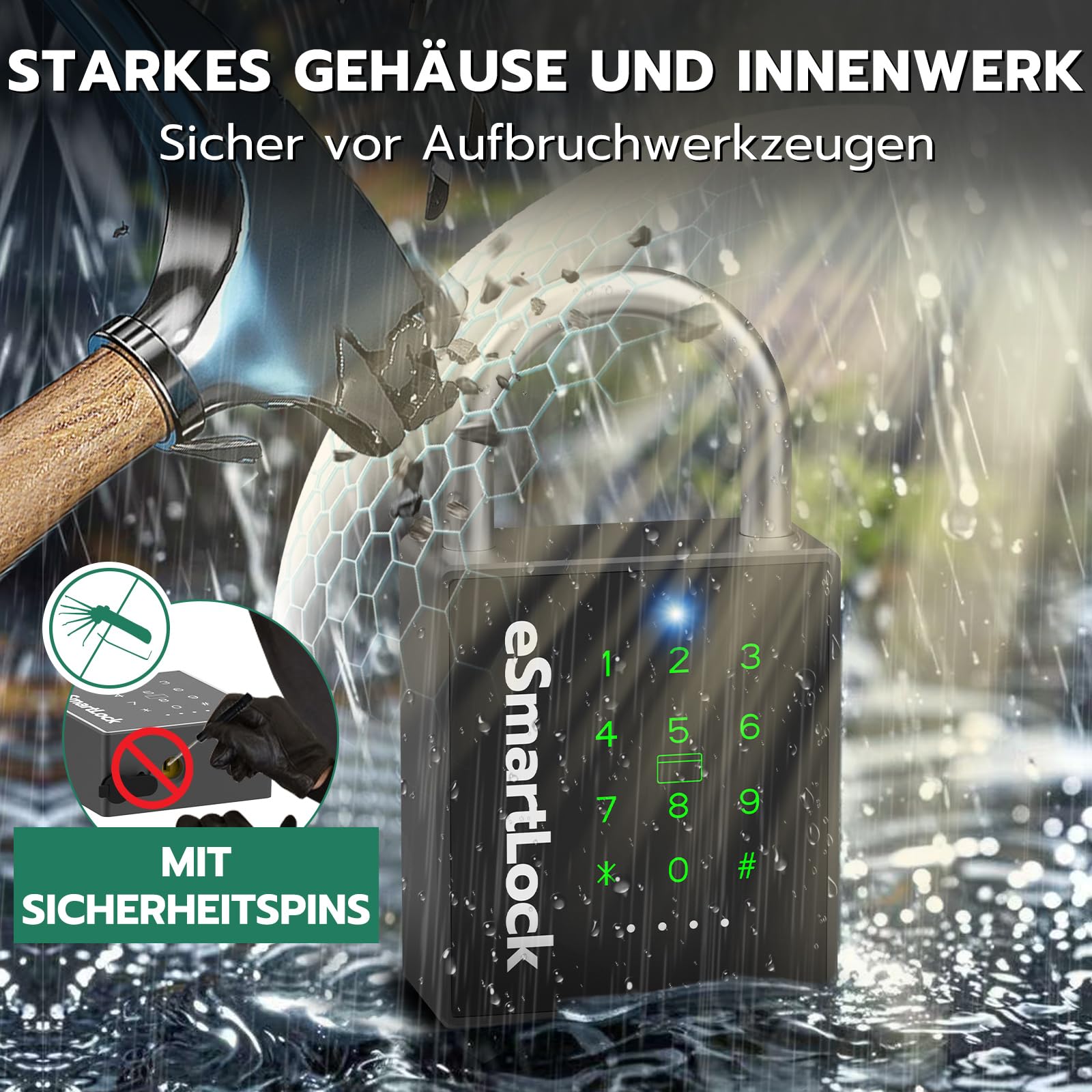 Eseesmart Smart Zahlenschloss Vorhängeschloss, Bluetooth Schloss mit Zahlencode RFID, Wetterfestes Groß Vorhängeschloss mit Schlüssel IP68 Outdoor Elektrisch Smart Lock für Tür Garten Keller Spind