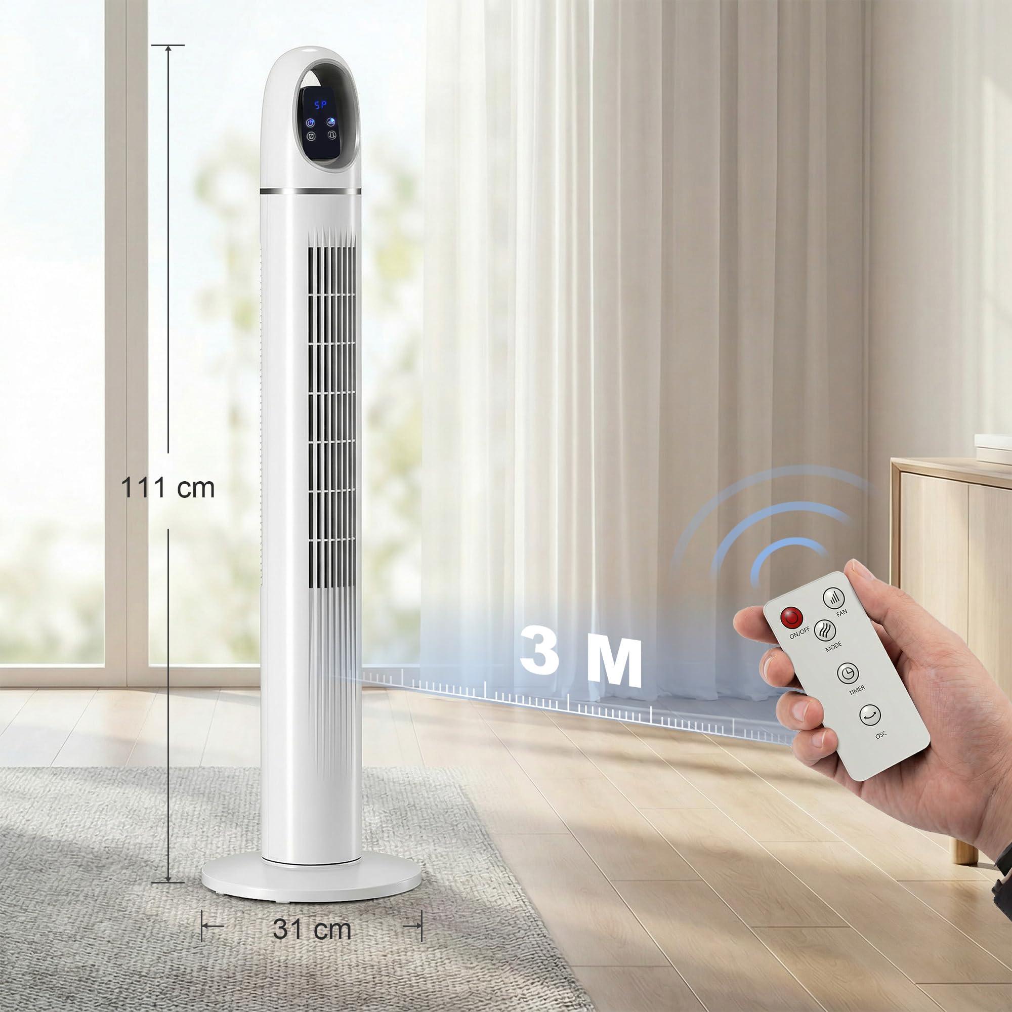 HOMCOM Ventilatore a Torre per Camera da Letto con 4 Modalità, 3 Velocità, Ventilatore da Pavimento Oscillante a 70°, Display LED, Timer 24 Ore e Telecomando, 110 cm, Bianco