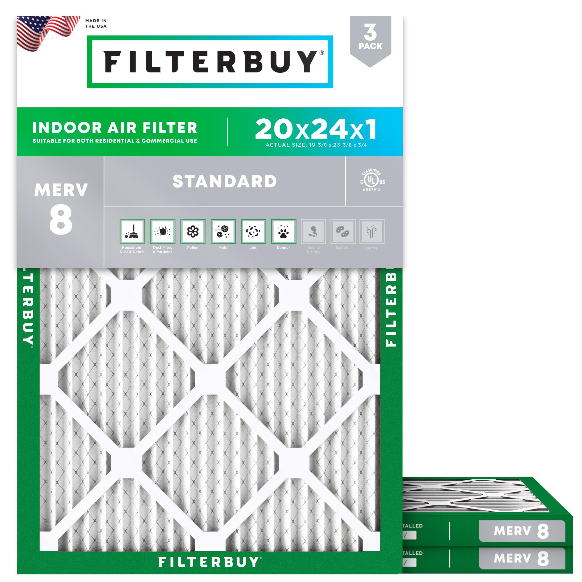 Filterbuy 20x24x1 Air Filter MERV 8 Dust Defense (3-Pack), Pleated HVAC AC Furnace Air Filters Replacement (Actual Size: 19.38 x 23.38 x 0.75 Inches)
